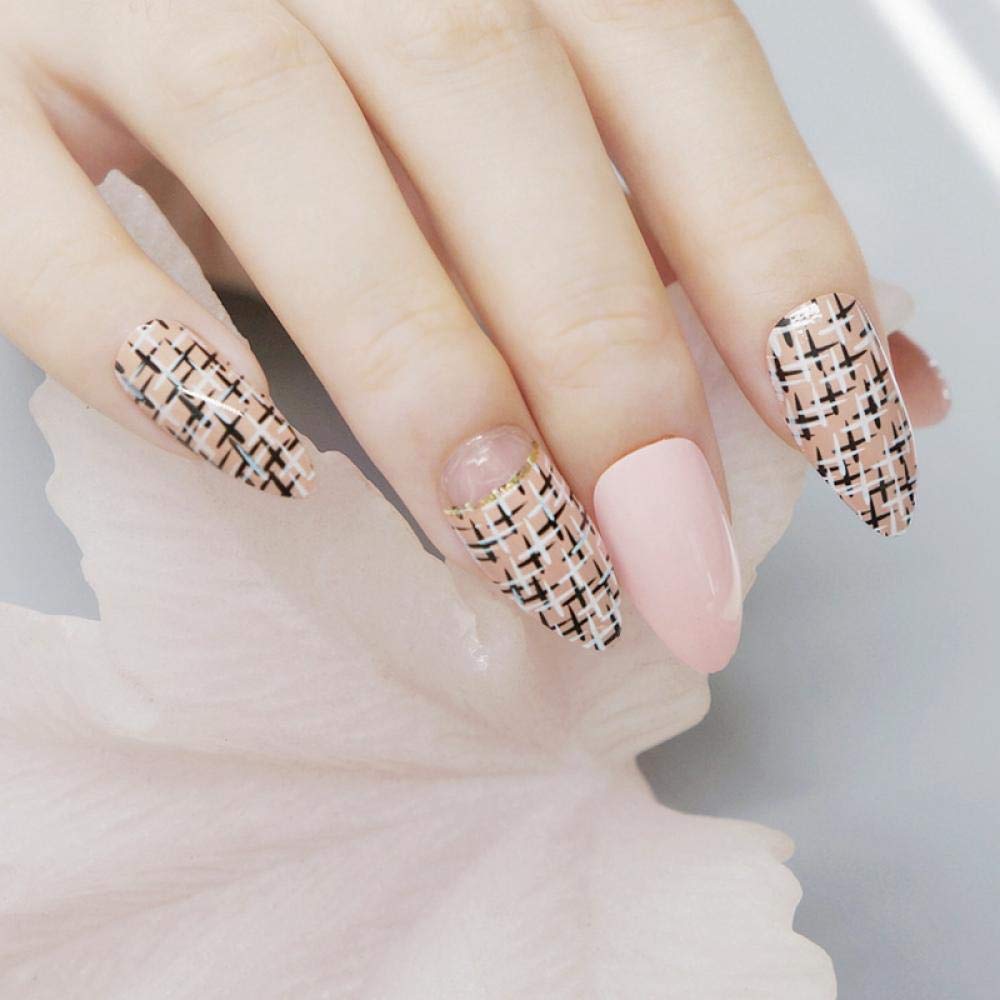 Elegant Short High Heel False Nails - Light Pink Acrylic Fake Nails with Khaki Mesh Design | Full Coverage Nail Tips for Manicure | Perfect for Parties, Weddings & Daily Wear