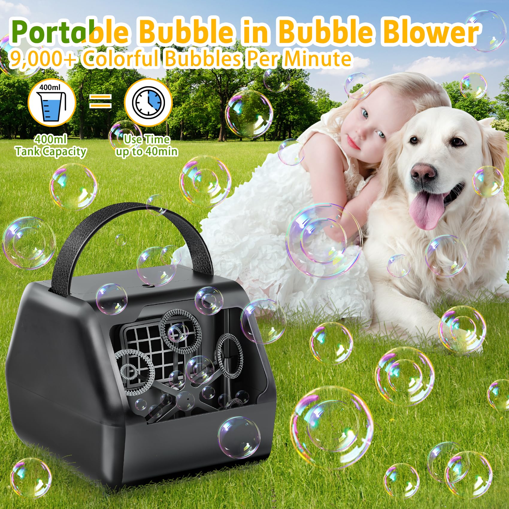 Automatic Bubble Blower Machine - Battery Operated 9000+ Bubbles with 2 Speed Settings for Indoor/Outdoor Birthday Parties, Kids Playtime & Backyard Fun (Black) - Perfect for Weddings, Baby Showers & Summer Festivals
