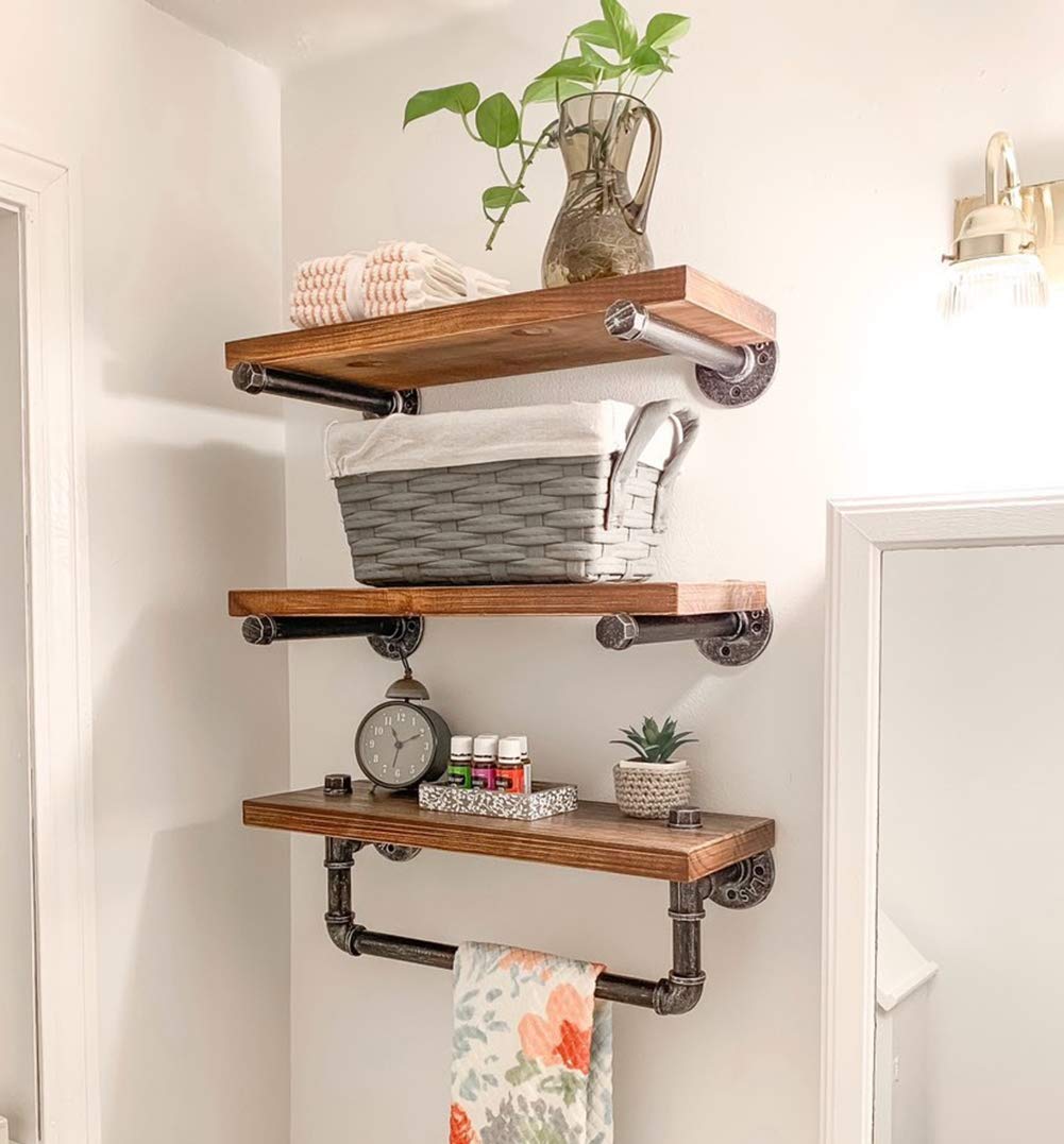 Industrial Iron Pipe Wall Mounted Floating Shelves - Rustic DIY Wood Storage Shelving with Towel Rack for Bathroom, Living Room, Bedroom (Black, 3-Tier) - Perfect for Home Organization, Farmhouse Decor & Small Space Storage Solutions