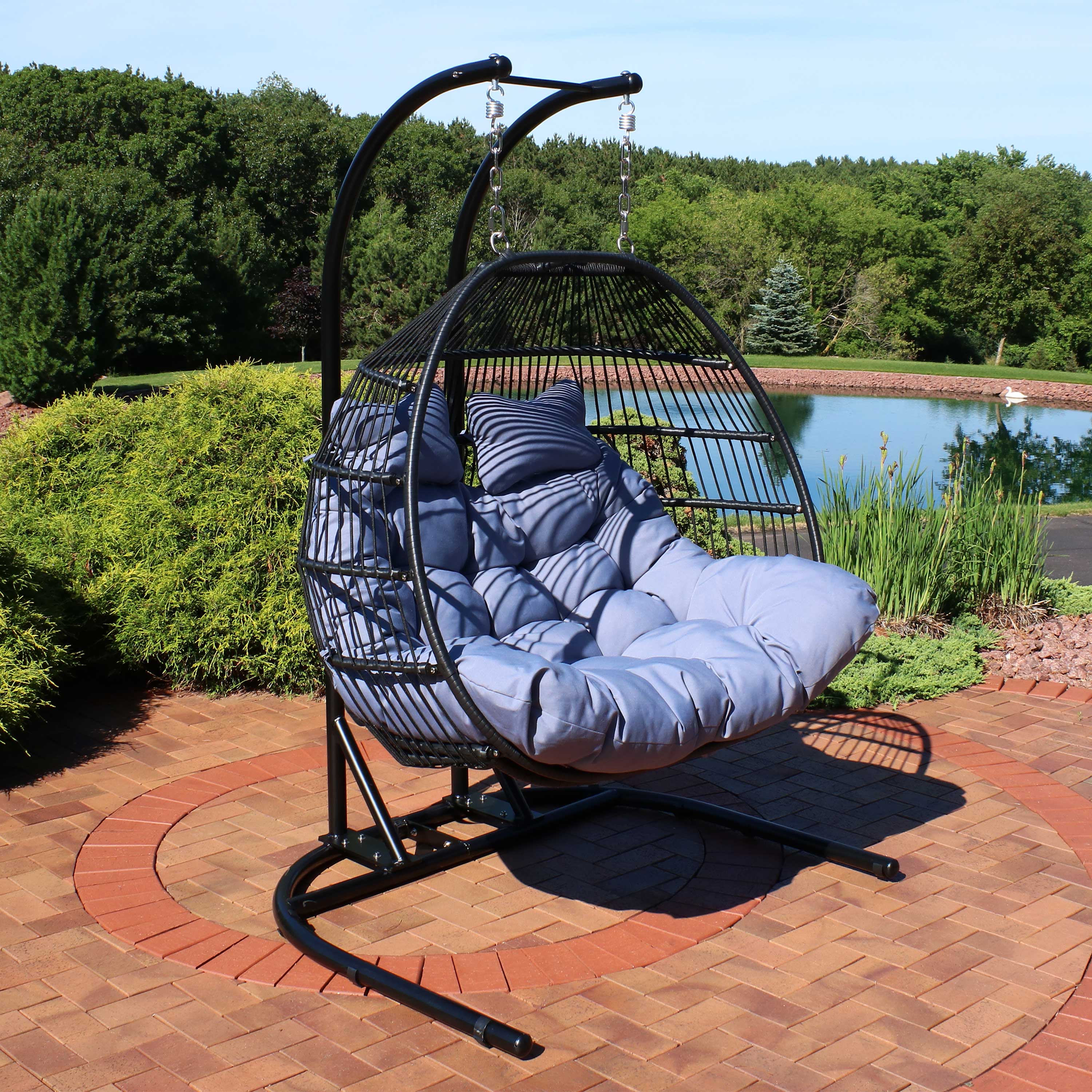 Sunnydaze Liza Loveseat Egg Chair with Gray Cushions and Stand - Outdoor Hanging Swing Chair for Patio, Garden, and Backyard Relaxation