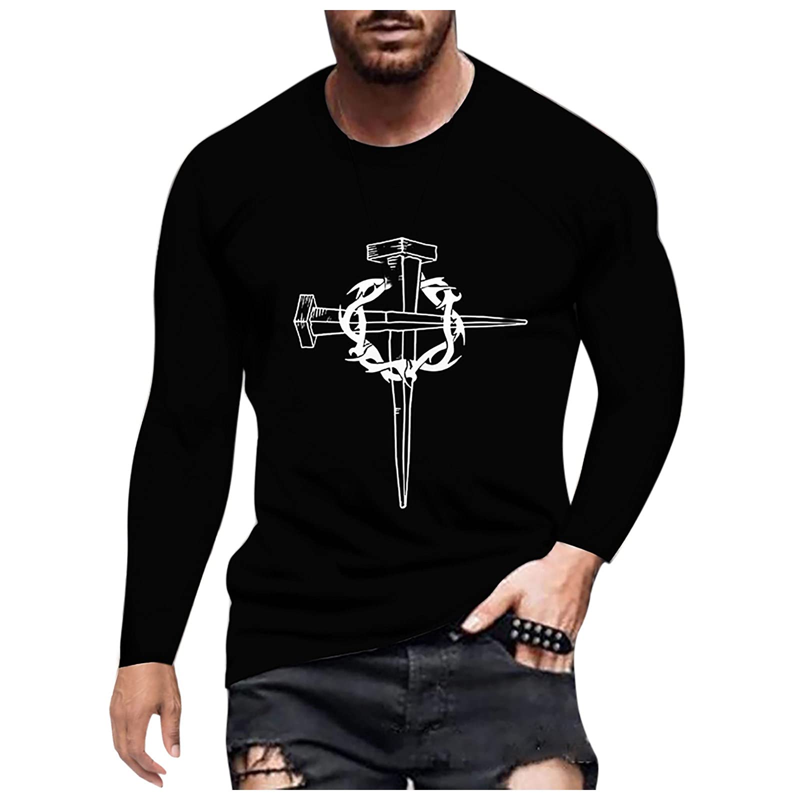XXBR Men's Long Sleeve T-Shirt - Jesus Cross Print Crewneck Athletic Shirt for Streetwear & Workout | Fall Fashion, Christian Faith Apparel for Gym & Casual Wear
