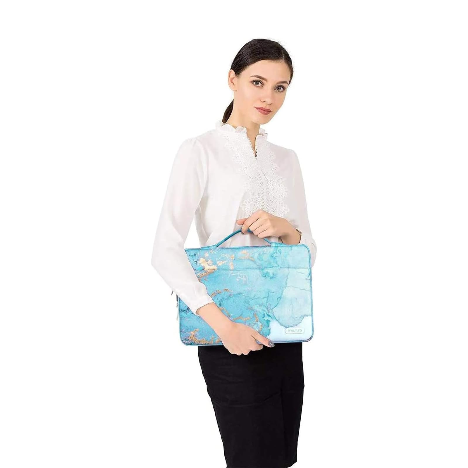 MOSISO 360 Protective Laptop Sleeve for MacBook Air/Pro 13-13.3 inch & MacBook Pro 14 inch 2021-2023 (M1/M2 Models A2442/A2779) - Watercolor Marble Design with Adjustable Belt - Perfect for Travel, Office & School Use (Turquoise)