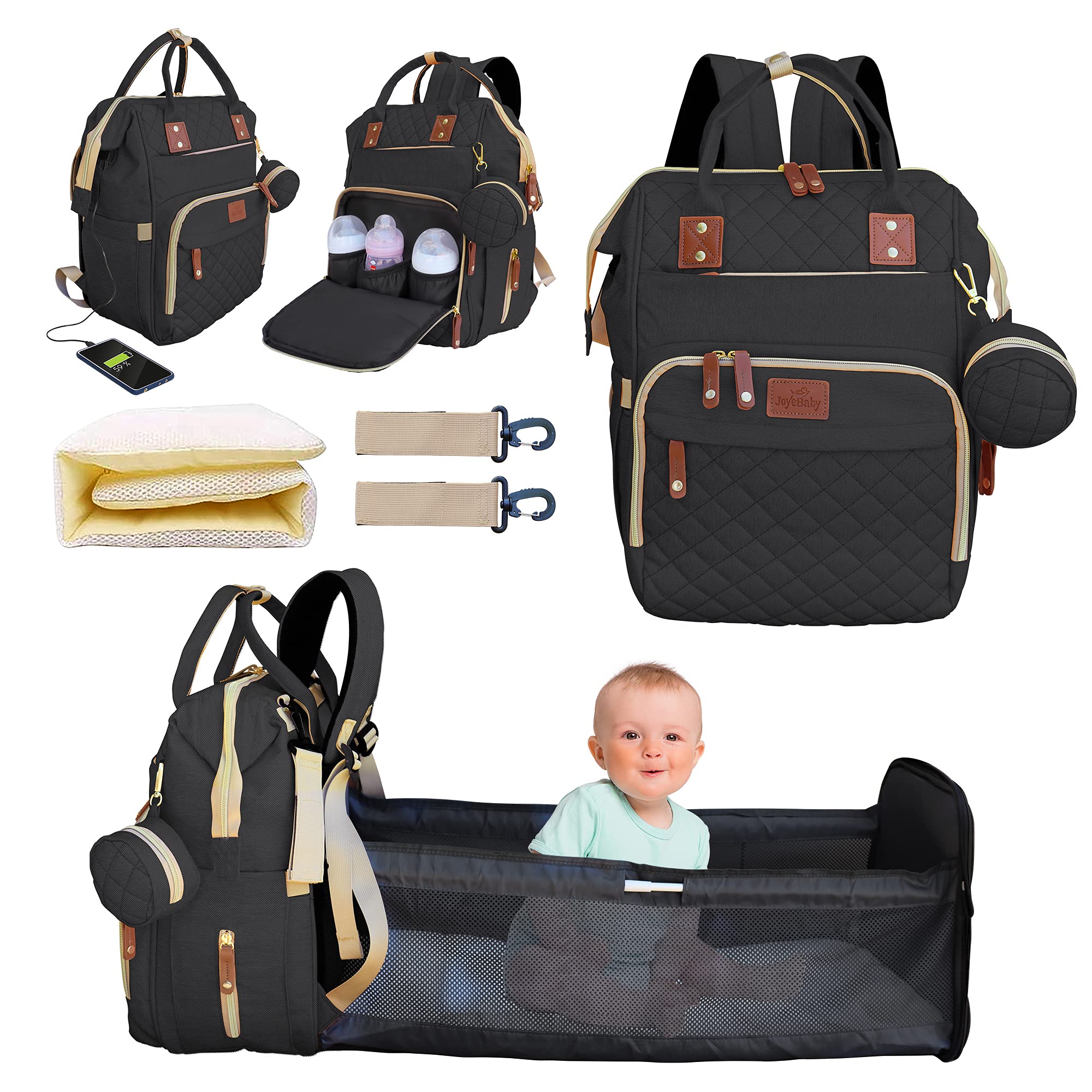 Multifunctional Waterproof Diaper Bag Backpack with Changing Station, Foldable Bed & USB Charging Port - Baby Travel Organizer with Stroller Straps & Insulated Pockets (Black) - Perfect for Parenting, Daycare, Travel & On-the-Go Families