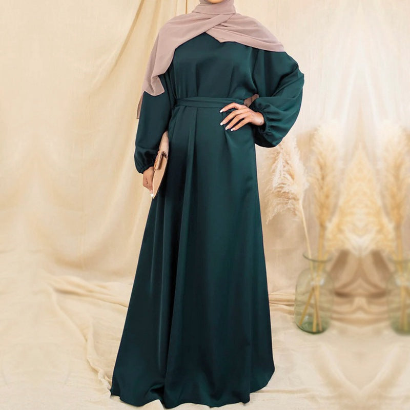2XL Dark Green Muslim Women Satin Abaya Dress - Modest Islamic Prayer Dress for Women, Elegant Long Sleeve Loose Fit Abaya - Perfect for Eid, Ramadan, Mosque & Special Occasions