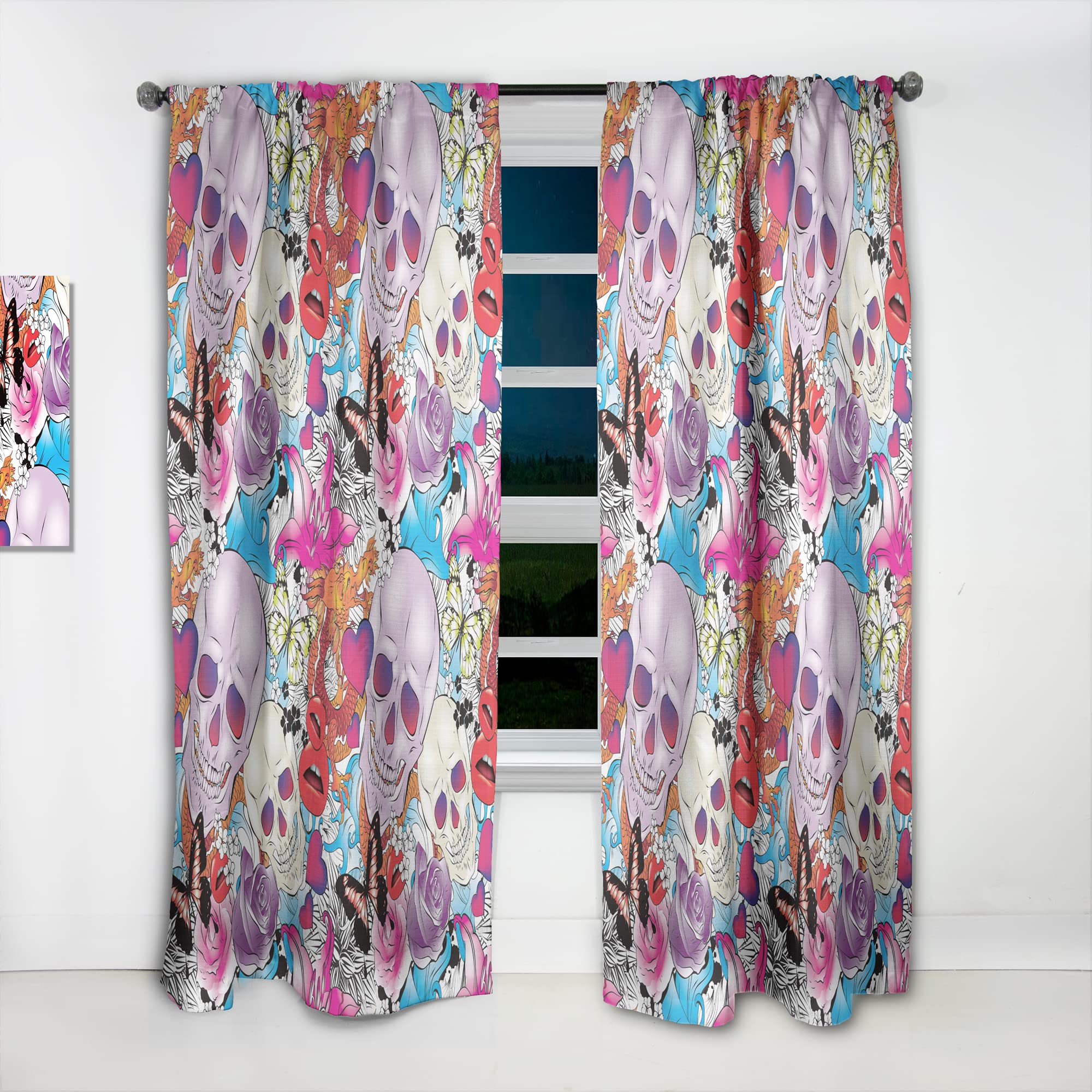 DesignQ Thermal Insulated Blackout Curtains - Gothic Floral Skull Print Single Panel (52x120 Inches) for Bedroom & Living Room - Perfect for Home Decor, Privacy & Light Blocking