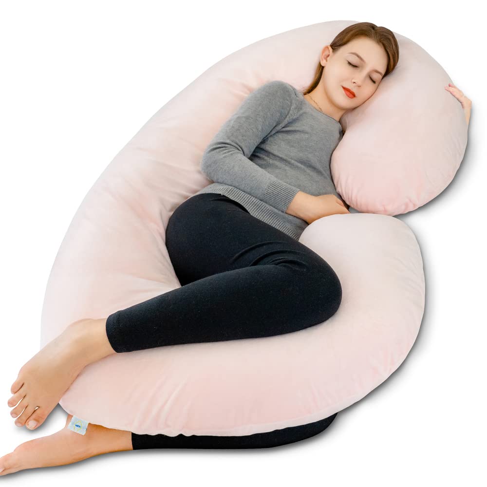 **INSEN Pregnancy Pillow - C-Shaped Maternity Body Pillow with Soft Velvet Cover for Side Sleepers, Back Pain Relief & Comfort (Cozy Velvet-Pink) - Perfect for Pregnancy, Nursing & Relaxation**