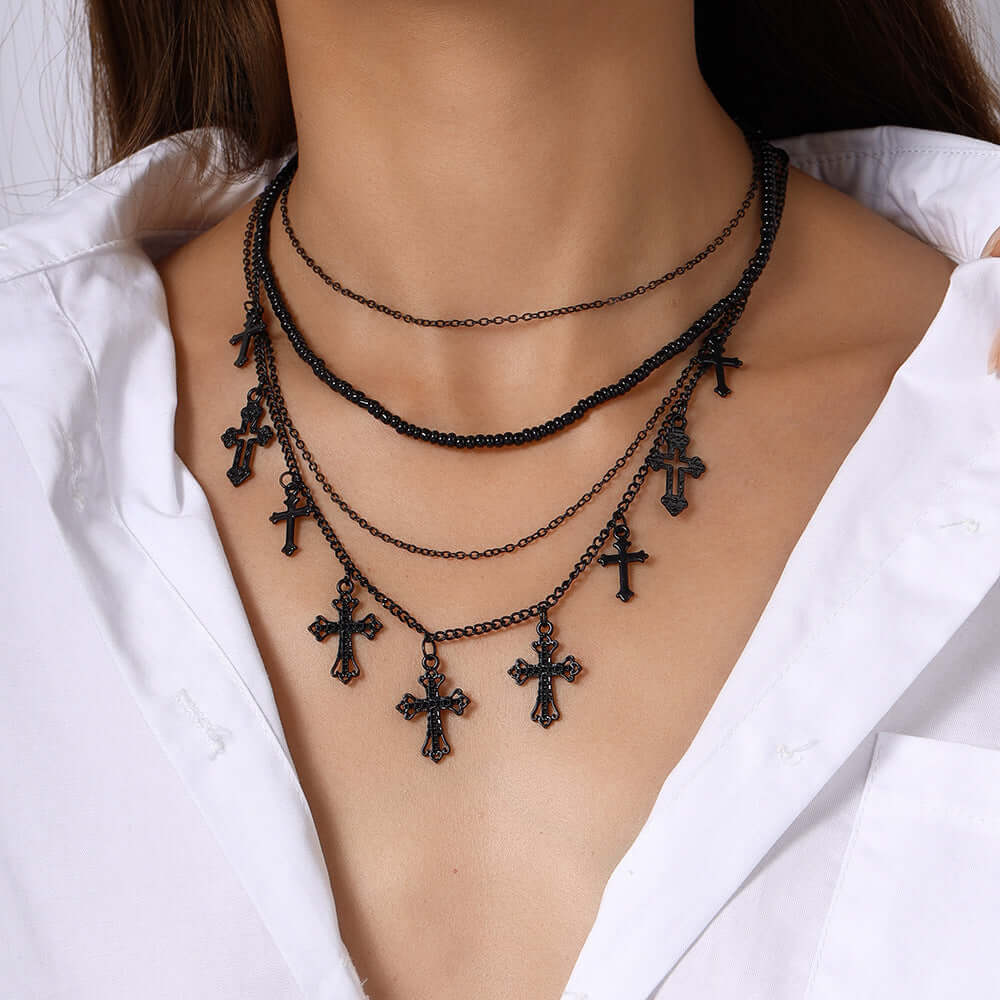 Cool Dark Cross Layering Grunge Necklace Statement | NZ4303 - Gothic Punk Jewelry for Women, Layered Necklace Set for Alternative Fashion, Perfect for Concerts, Parties and Edgy Outfits