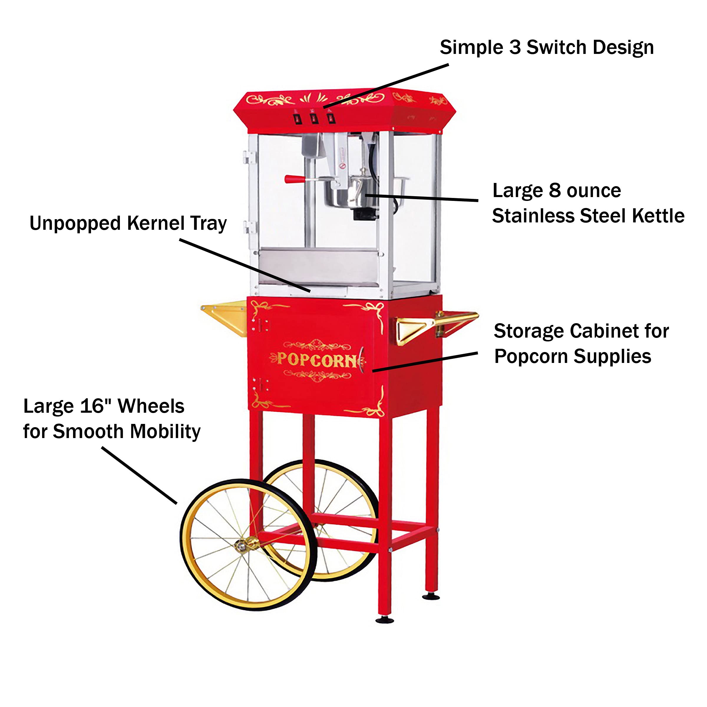 Great Northern Popcorn Machine with Cart - 8oz Commercial Popcorn Popper with Stainless Steel Kettle, Warming Light & Accessories (Red) - Perfect for Movie Nights, Parties & Concession Stands
