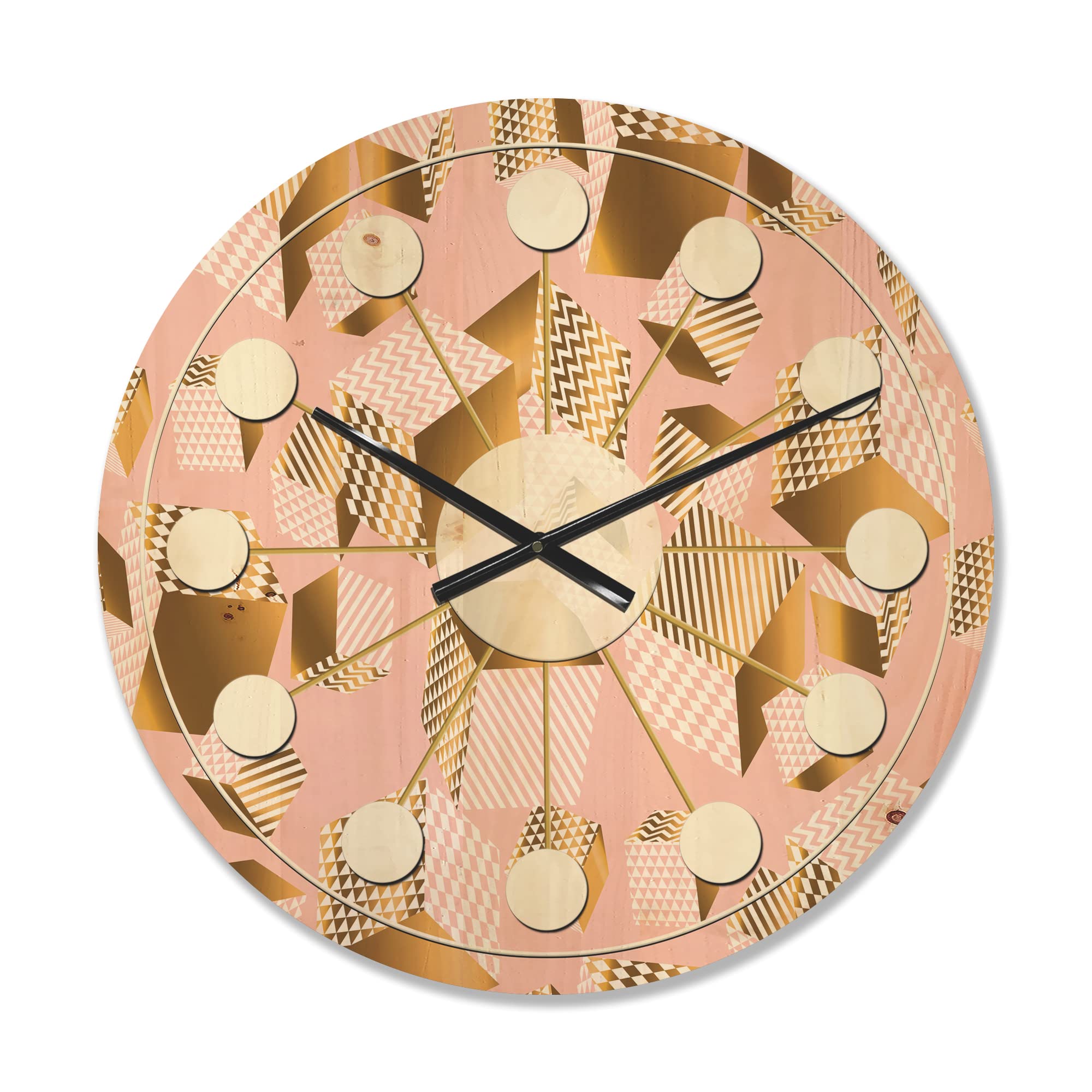 DesignQ 'Rose and Gold Cubes II' Large Mid-Century Modern Wood Wall Clock - Oversized Decorative Wooden Clock for Living Room, Bedroom & Office Décor - Perfect for Home, Office and Modern Interior Design Spaces