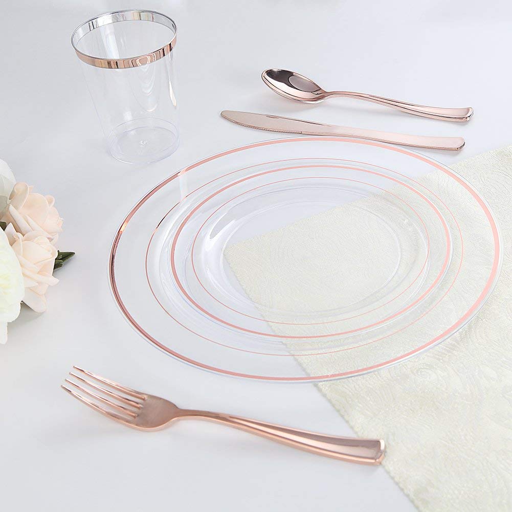 60 Pcs Rose Gold Plastic Plates - Disposable Party Dinnerware Set with Elegant Gold Trim for Wedding, Birthday & Holiday Celebrations - Perfect for Dessert, Cocktail Parties & Special Events