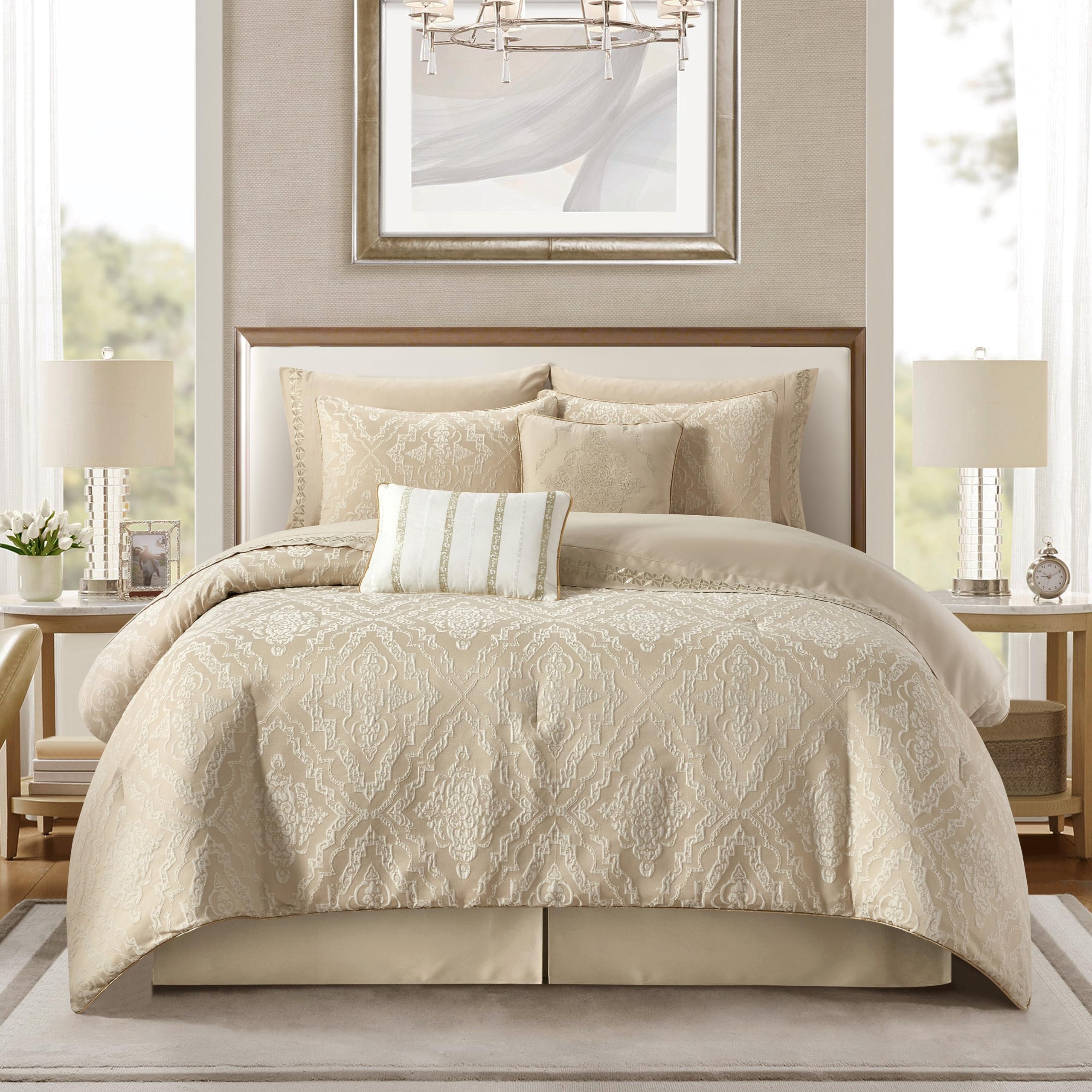 Stratford Park Gold 7-Piece Queen Comforter Set - Elegant Soft Lightweight Microfiber All-Season Bedding with Matching Bedskirt, Pillows & Shams - Perfect for Master Bedroom, Guest Room & Luxury Hotel Decor