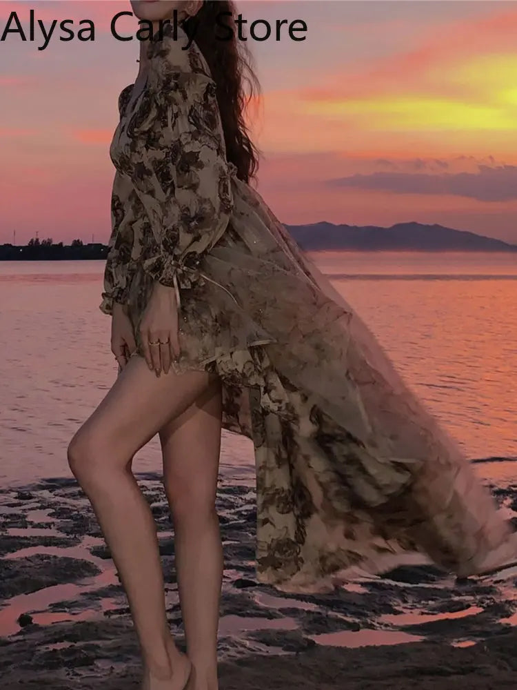 Elegant Autumn Floral Fairy Dress for Women - Luxury Designer Slim Korean Princess Dress, Chic Casual & Party Wear for Weddings, Dates & Special Occasions