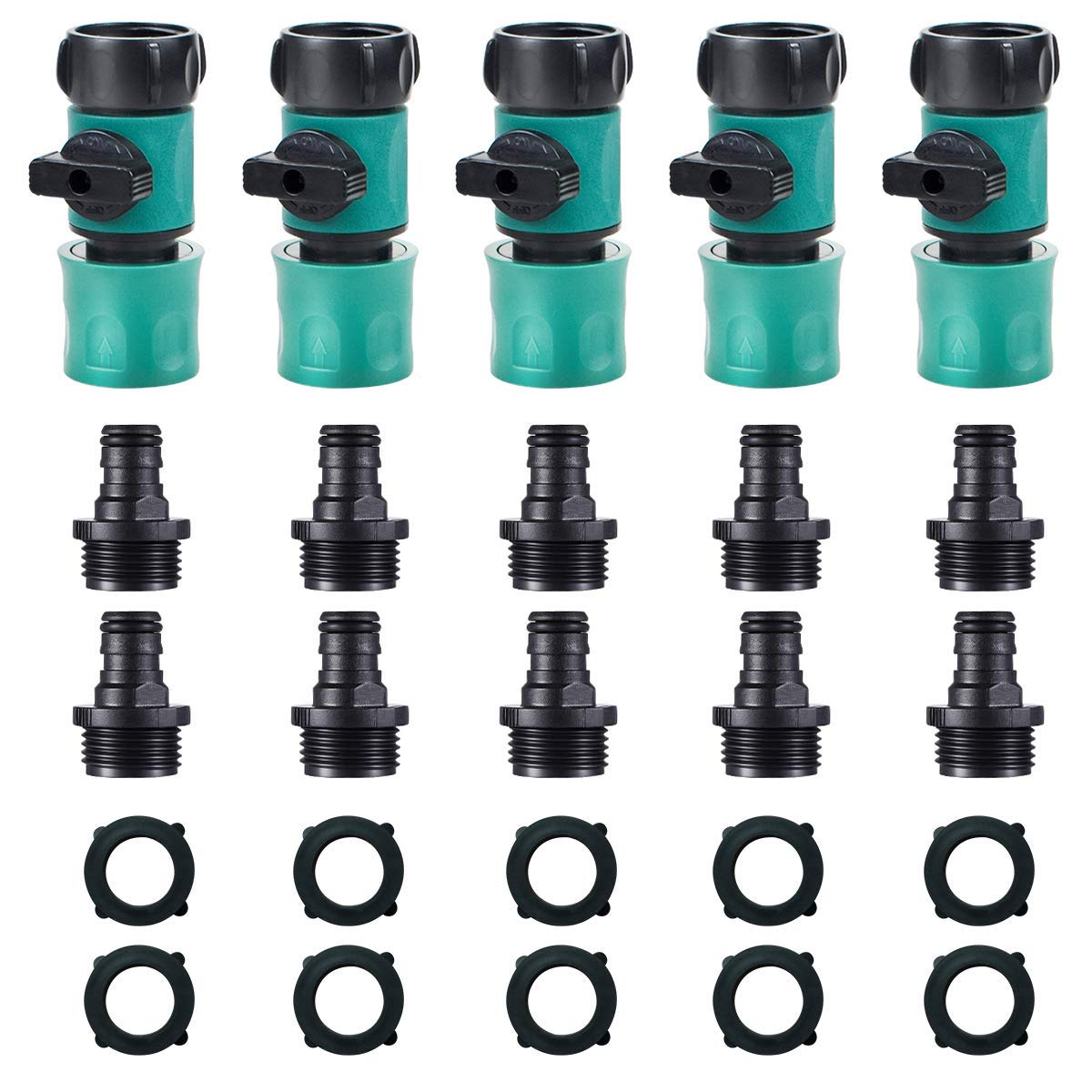 JUSONEY 5PCS Garden Hose Shut Off Valve with Quick Connector - 3/4 Inch Standard Thread, Includes 10 Rubber Washers & 10 Male Adapters for Leak-Free Watering - Perfect for Lawn, Garden & Outdoor Faucet Connections