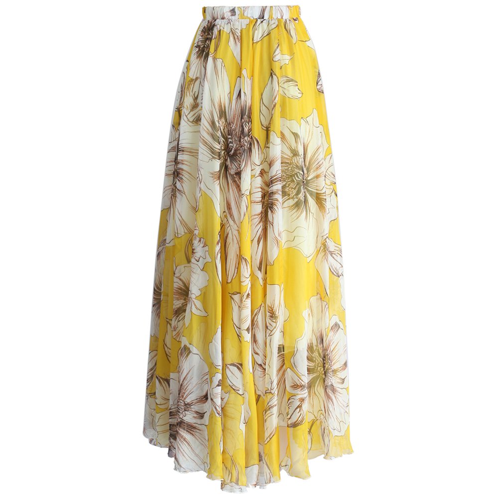 CHICWISH Women's Floral Print Chiffon Maxi Skirt - Elegant Watercolor Flower Design, High Waist A-Line Slip Dress for Spring Summer Beach Wedding Party & Vacation Outfits