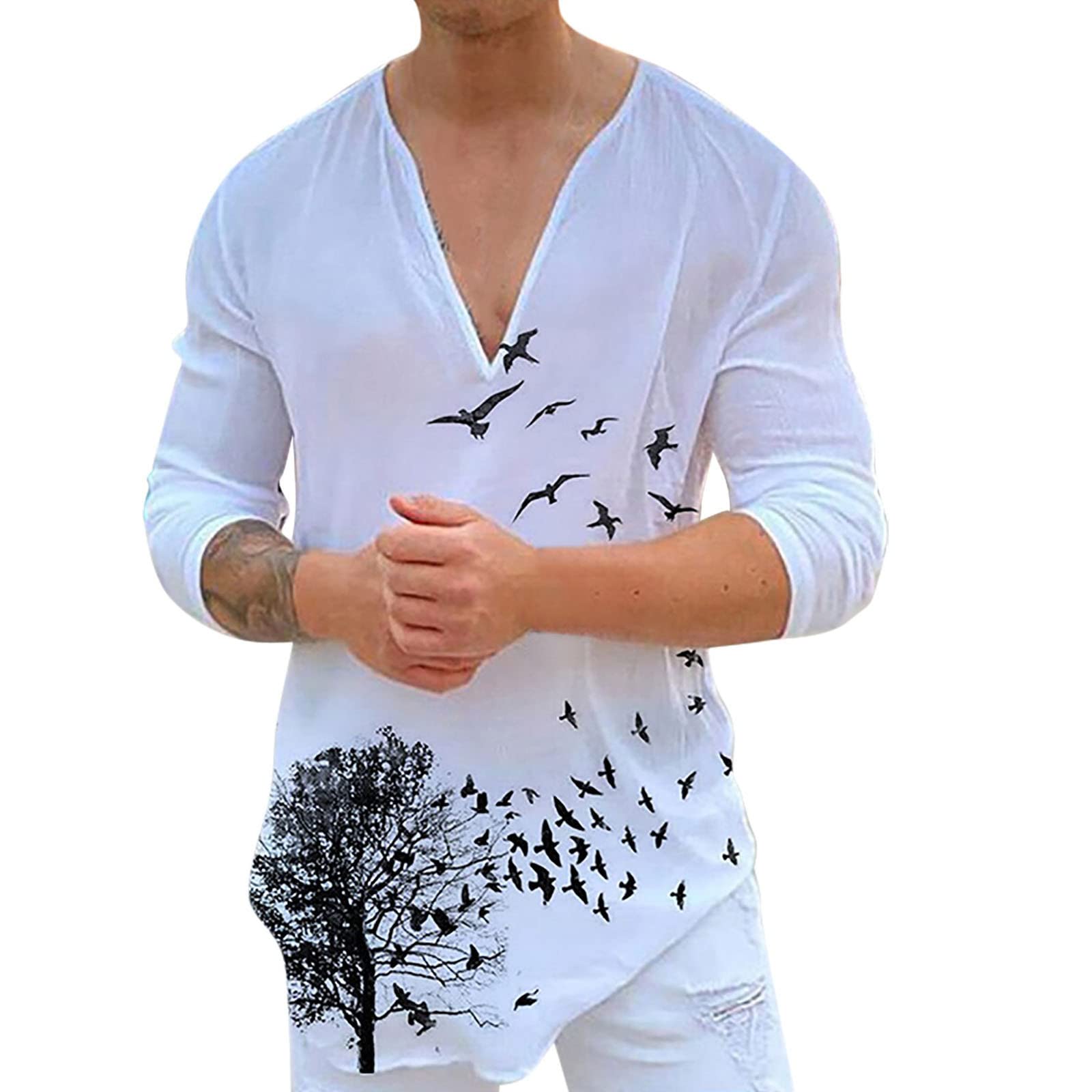 Men's Casual Loose Fit Cotton Blend Printed Long Sleeve V-Neck Shirt - Comfortable Office Wear & Stylish Everyday Outfit for Work or Weekend