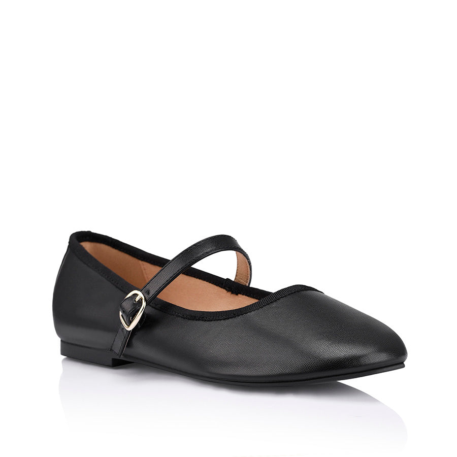 Bambi Mary Jane Flats for Women - Black Smooth Leather Comfortable Ballet Shoes for Work, Office & Casual Wear