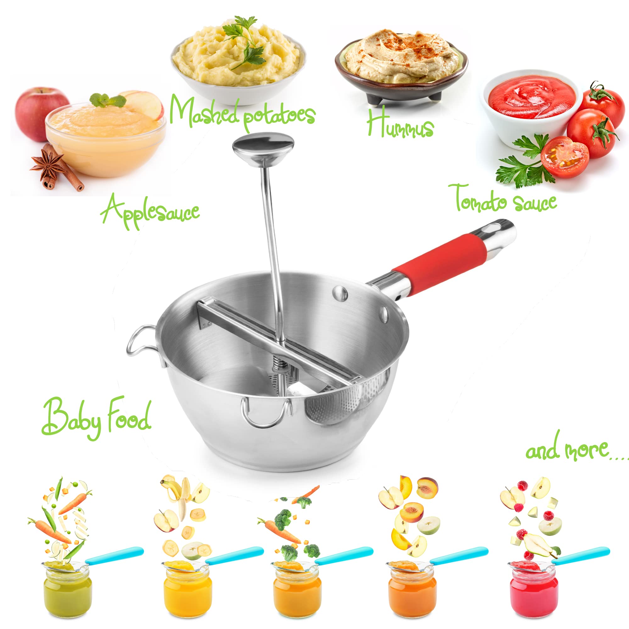 Stainless Steel Food Mill with 3 Grinder Discs - Hand Crank Grain Mill for Mashing Potatoes, Straining Fruits & Vegetables - Perfect for Baby Food, Purees & Homemade Sauces - Bezrat (Red)