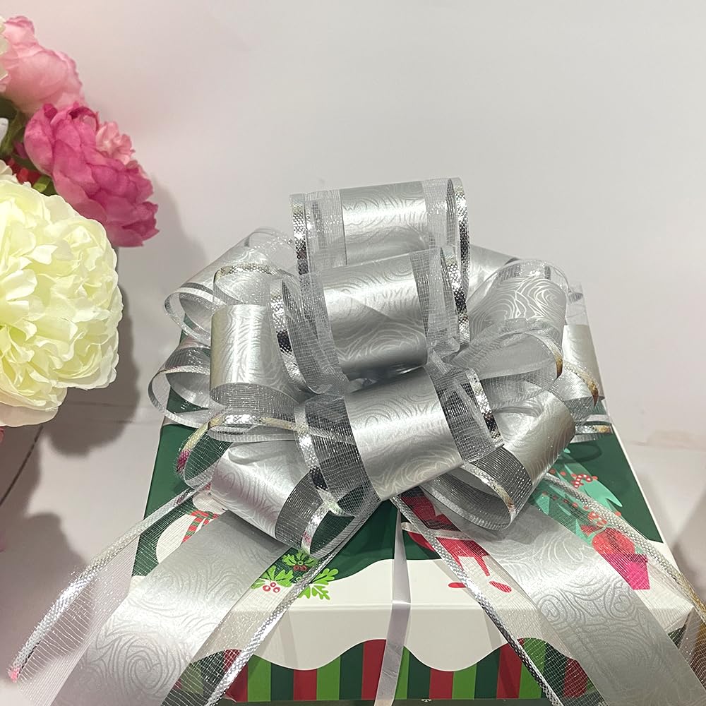 6-Piece Silver Pull Bow Gift Wrapping Ribbons - 6 Inch Wedding Present Bows for Packages, Gift Baskets, Christmas Decorations, Bridal Showers & Party Supplies (Perfect for Holiday Gifts, Wedding Favors & Festive Decor)