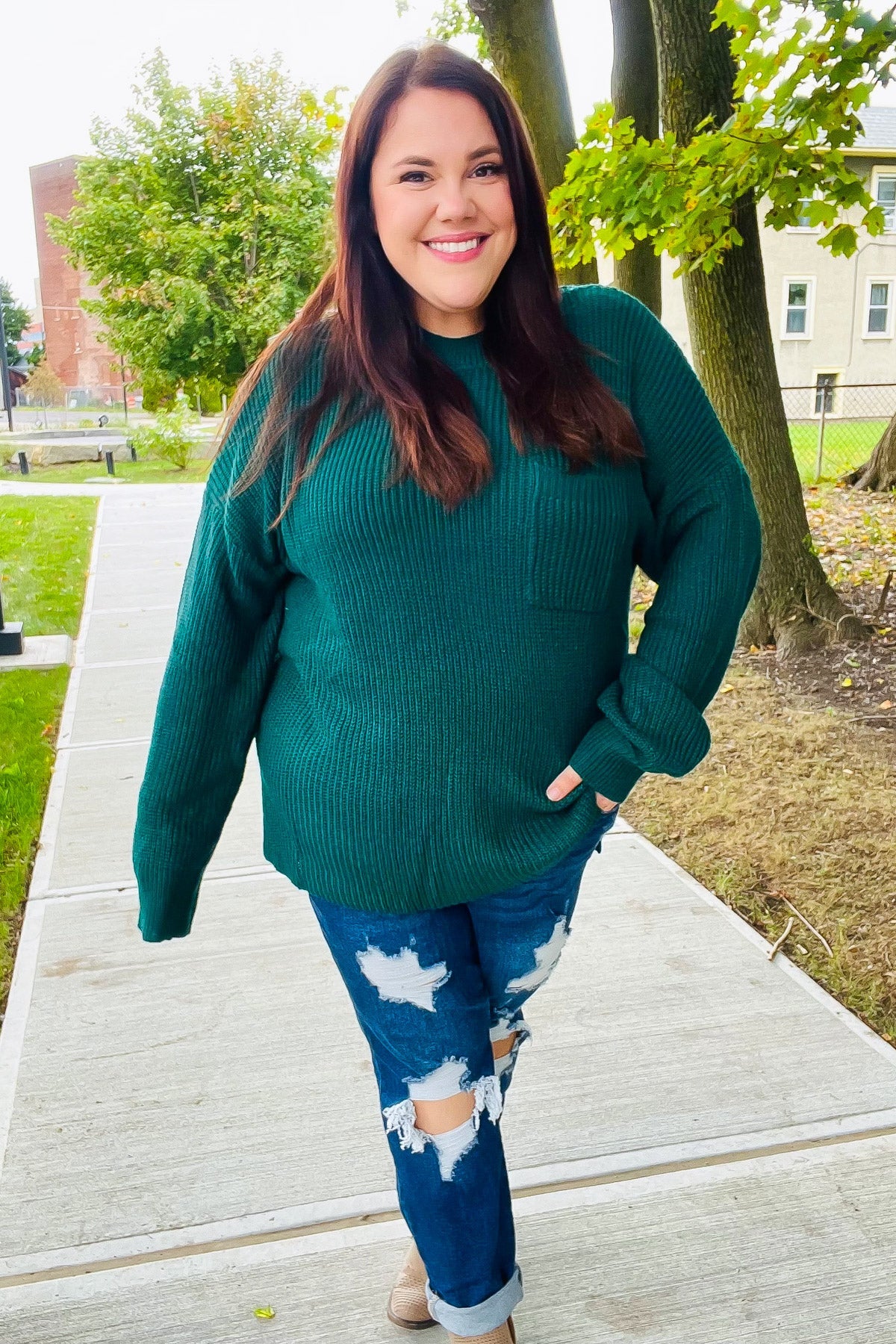 Stylish Hunter Green Mock Neck Knit Sweater with Chest Pocket - Cozy Winter Wear for Women | Perfect for Casual Outings & Office Attire