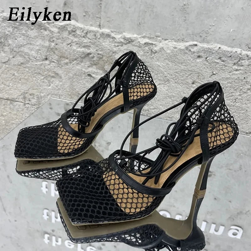 Eilyken Women's Sexy Mesh Pumps Sandals - Square Toe High Heel Lace-Up Cross Tied Stiletto Dress Shoes for Women | Perfect for Evening Parties, Date Nights & Special Occasions