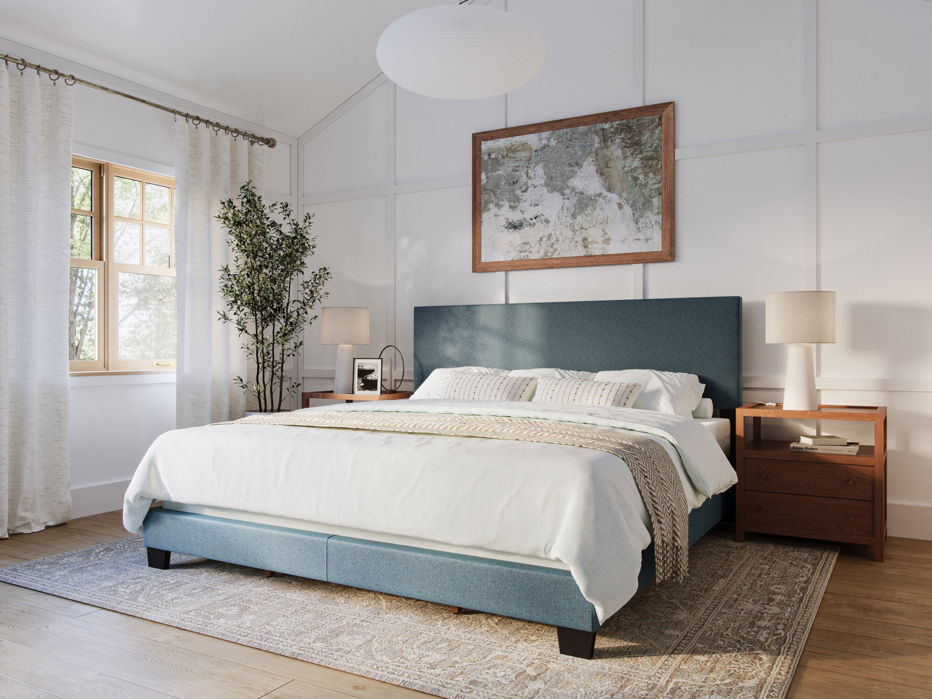 Modern Minimalist Upholstered King Size Bed Frame - Blue Velvet Fabric Headboard - Perfect for Master Bedroom, Guest Room & Luxury Home Decor