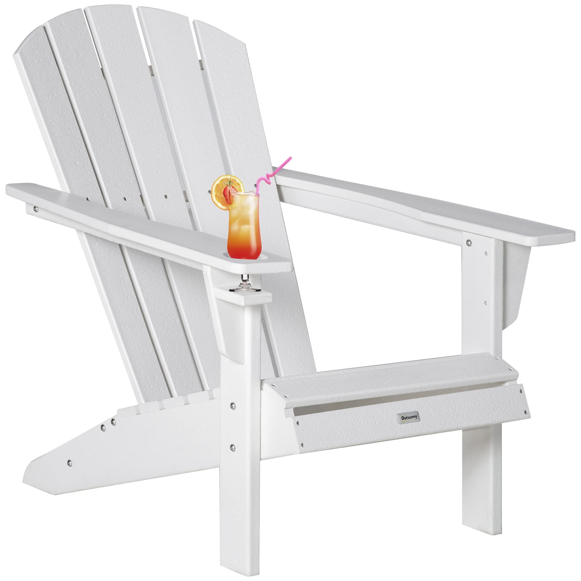 Outsunny White HDPE Adirondack Chair with Cup Holder - All-Weather Patio Lounger for Outdoor, Backyard, Garden, Deck & Lawn - Perfect for Fire Pit Seating, Relaxing & Entertaining Guests