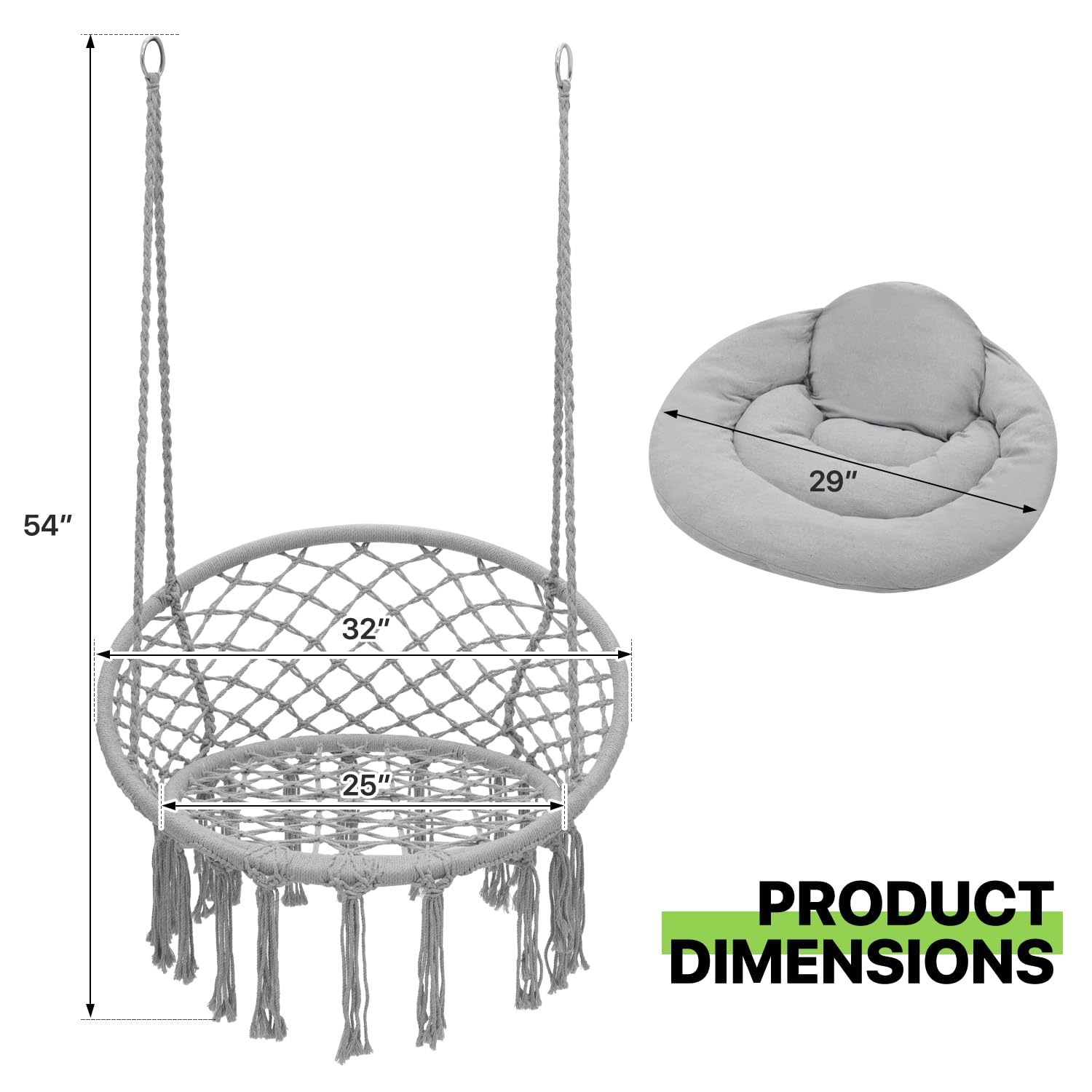 Magshion Macrame Hanging Hammock Chair with Full Cushion - 350 Lbs Capacity Indoor/Outdoor Boho Swing Chair with Tassels - Perfect for Living Room, Bedroom, Porch & Garden Relaxation (Gray)
