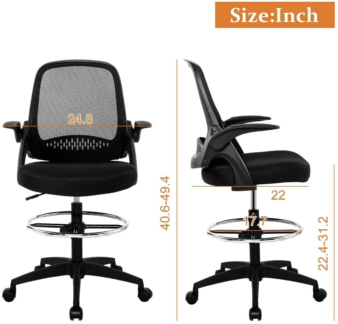 Ergonomic Drafting Chair with Flip-Up Arms & Footrest - Adjustable Height Swivel Rolling Office Chair for Standing Desk, Bar High Desk - Supports 250lbs - Perfect for Artists, Architects & Home Office Use