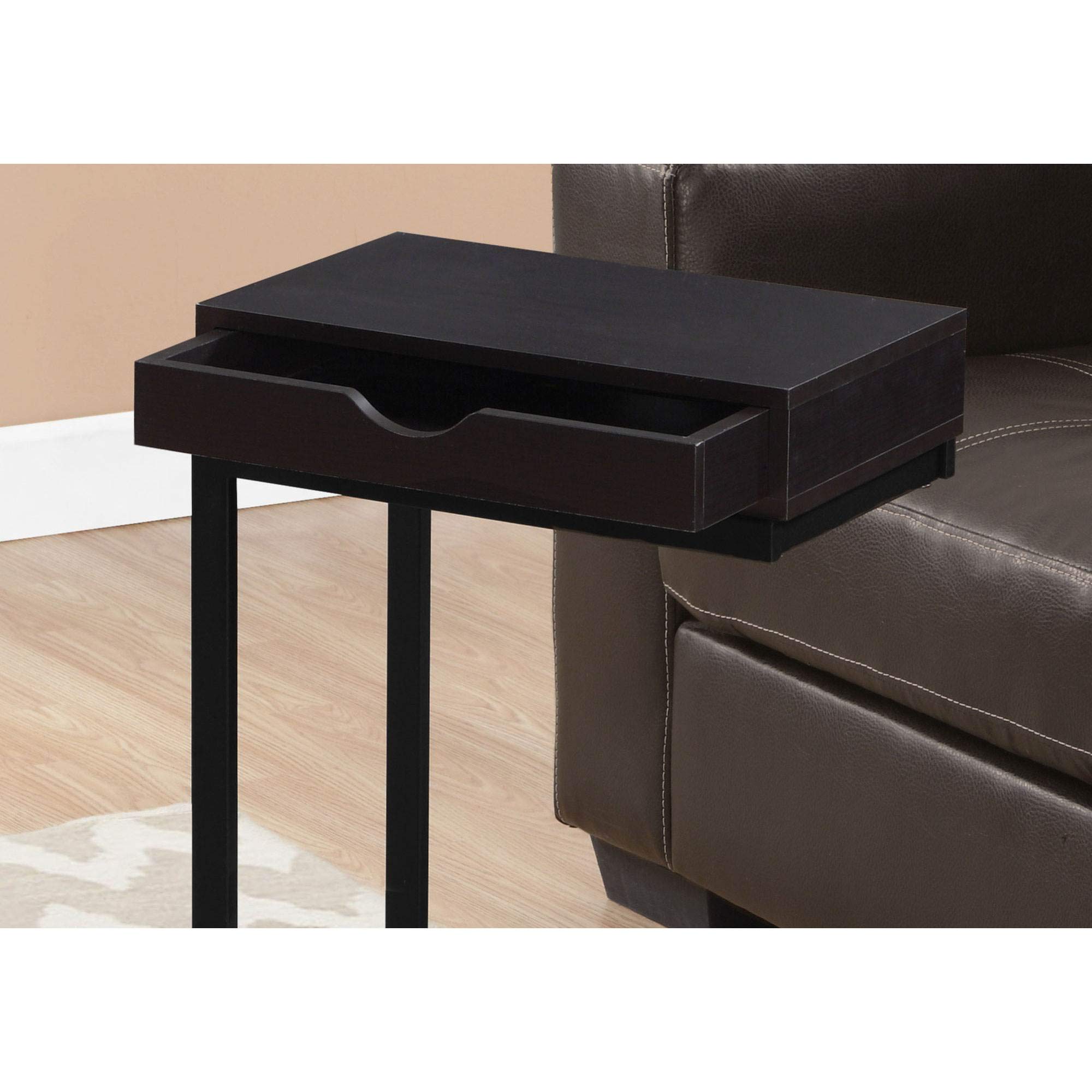 Monarch Specialties C Accent Table with Drawer - Black Metal Base & Cappuccino Finish | Modern Side Table for Living Room, Bedroom, or Office