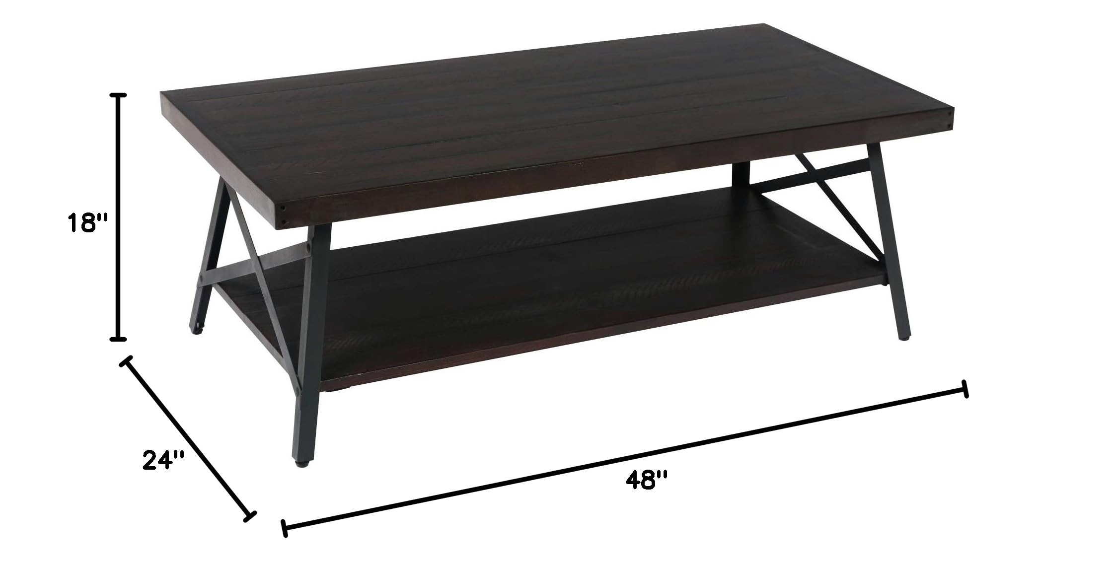 Emerald Home Chandler Rustic Coffee Table - Dark Brown Pine Wood Open Storage Cocktail Table for Living Room, Farmhouse & Rustic Home Decor - Perfect for Entertaining & Displaying Books, Plants & Decorative Items