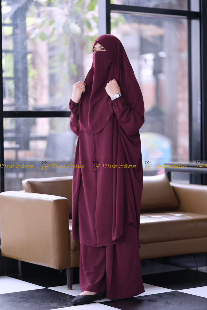 Unjila Jilbab Berry Full Set - Modest Muslim Prayer Dress & Hijab Outfit for Women | Perfect for Daily Wear, Prayer, and Special Occasions