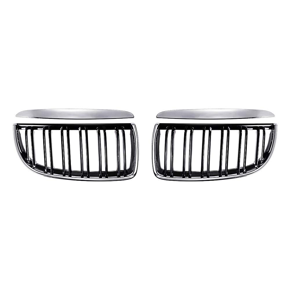 2PCs Glossy Black Chrome Front Kidney Double Slat Grille for 2005-2008 BMW E90 E91 3 Series - Upgrade Your Car's Style for Street & Show Performance