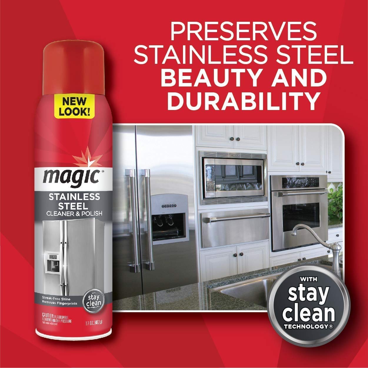 Magic Stainless Steel Cleaner Aerosol - 17oz (2 Pack) - Removes Fingerprints, Water Marks & Grease from Appliances - Safe for Refrigerator, Dishwasher, Oven & Grill - Perfect for Kitchen Cleaning & Stainless Steel Maintenance