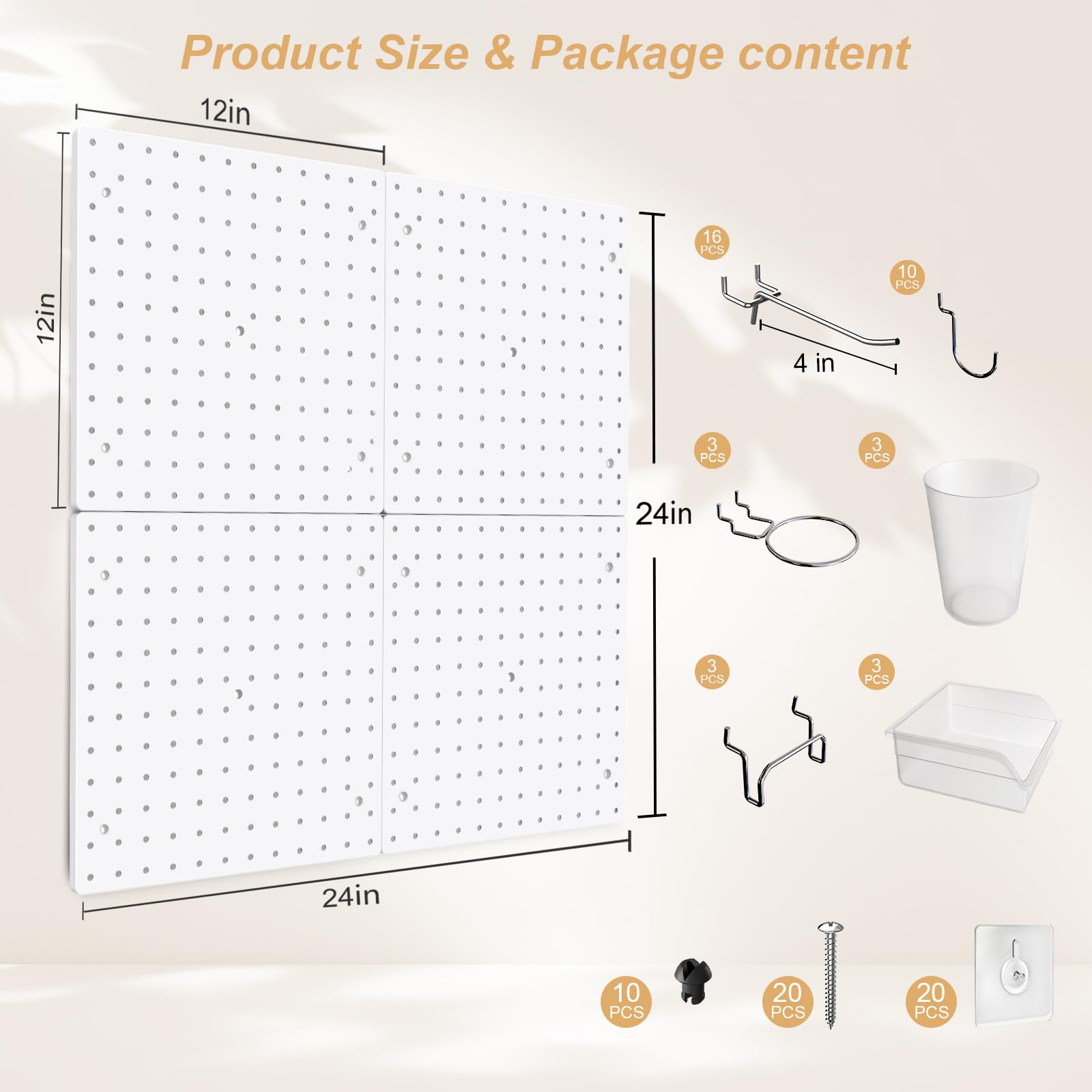 36-Piece FZK Pegboard Kit with 4 White Plastic Pegboards & Accessories - Wall Organizer for Office, Craft Room, Garage & Home Storage - Pegboard with Hooks for Tools, Supplies & DIY Projects