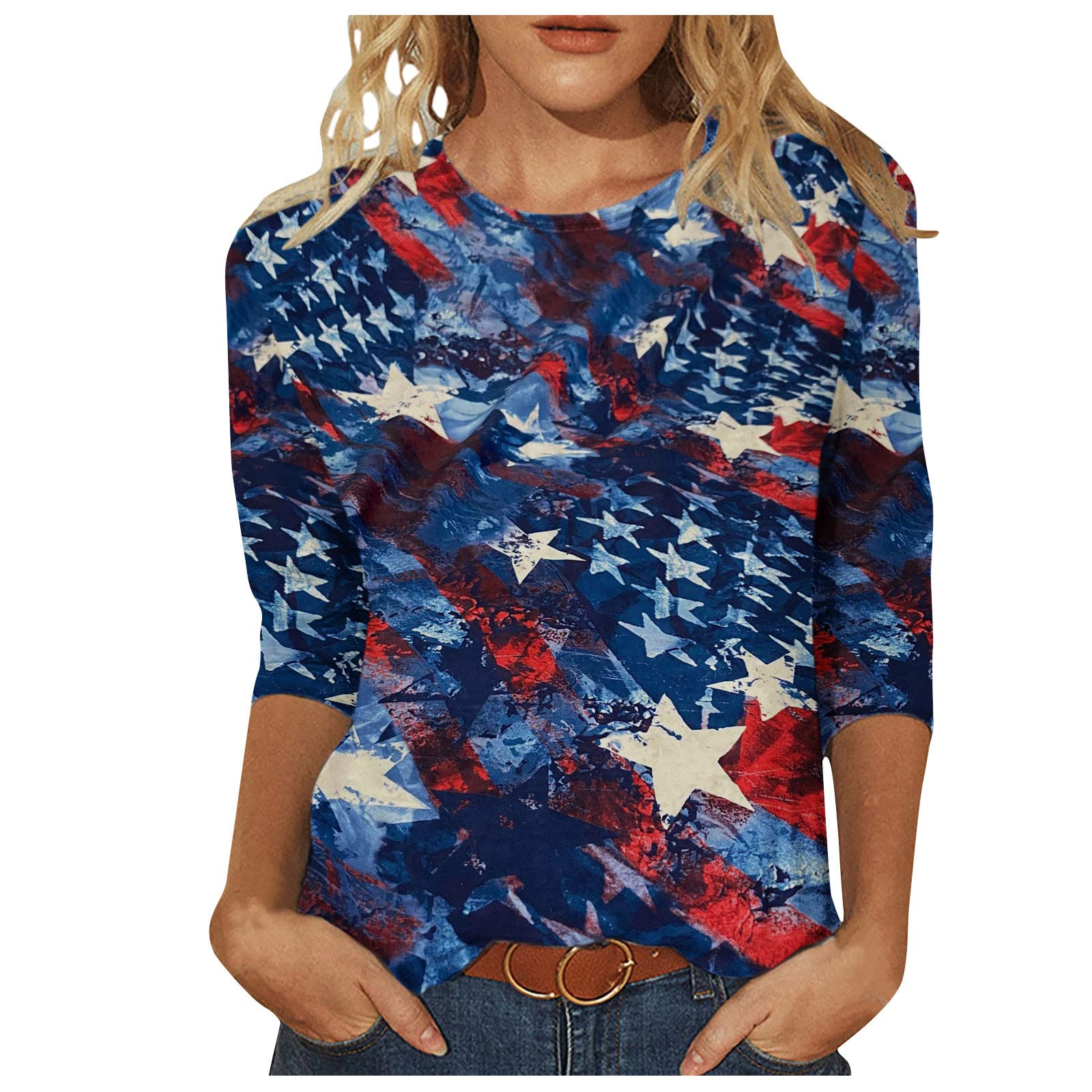 4th of July Women's American Flag Graphic Tee - Patriotic Stars & Stripes USA Shirt with 3/4 Sleeve - Cute Faith-Inspired Top for Independence Day Celebrations, BBQ Parties & Summer Outfits