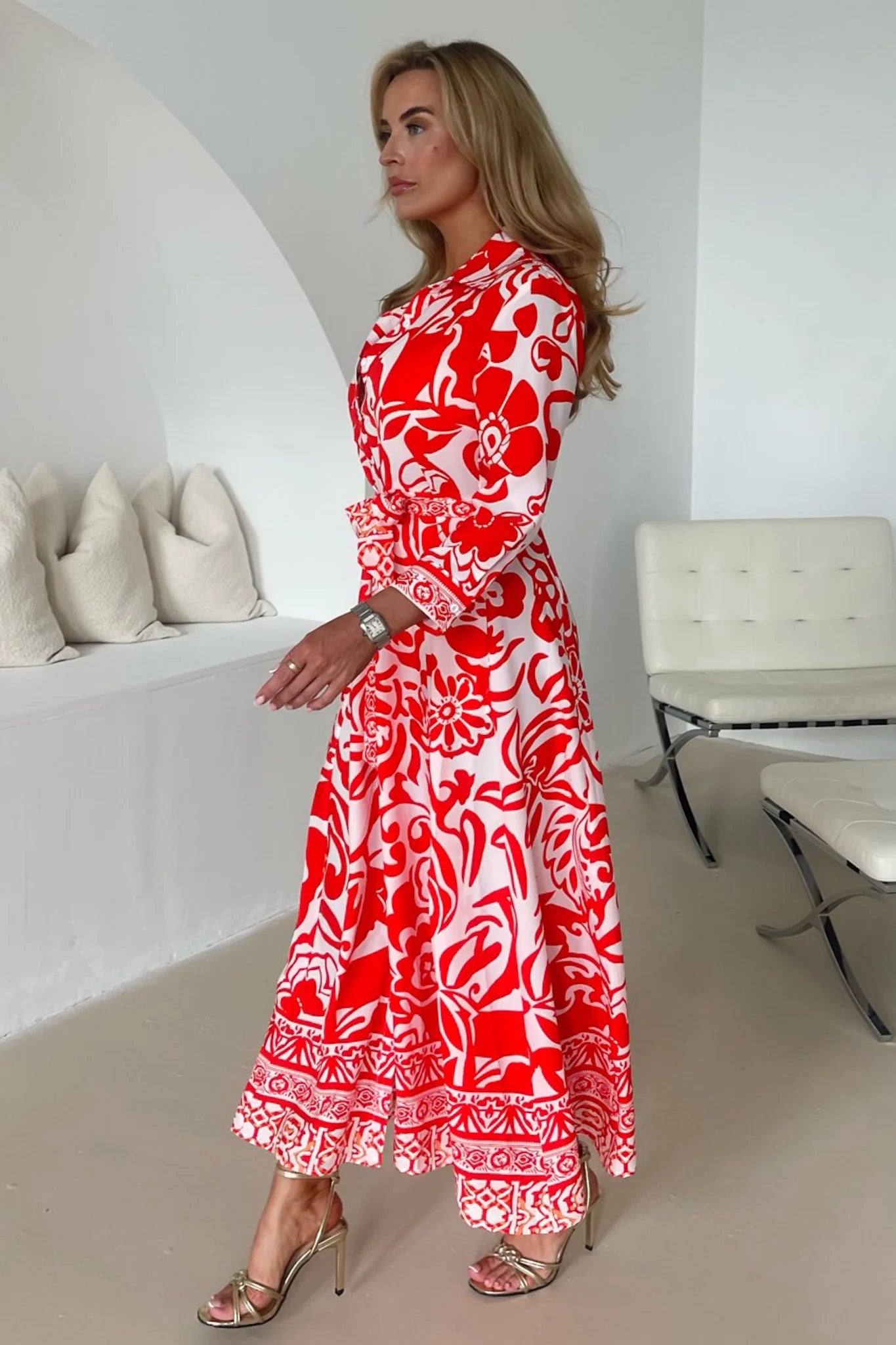 Angela Maxi Dress with Floral Print - Women's Long Sleeve Flowy Shirt Dress in Red - Perfect for Casual Wear, Office Outfits and Special Occasions