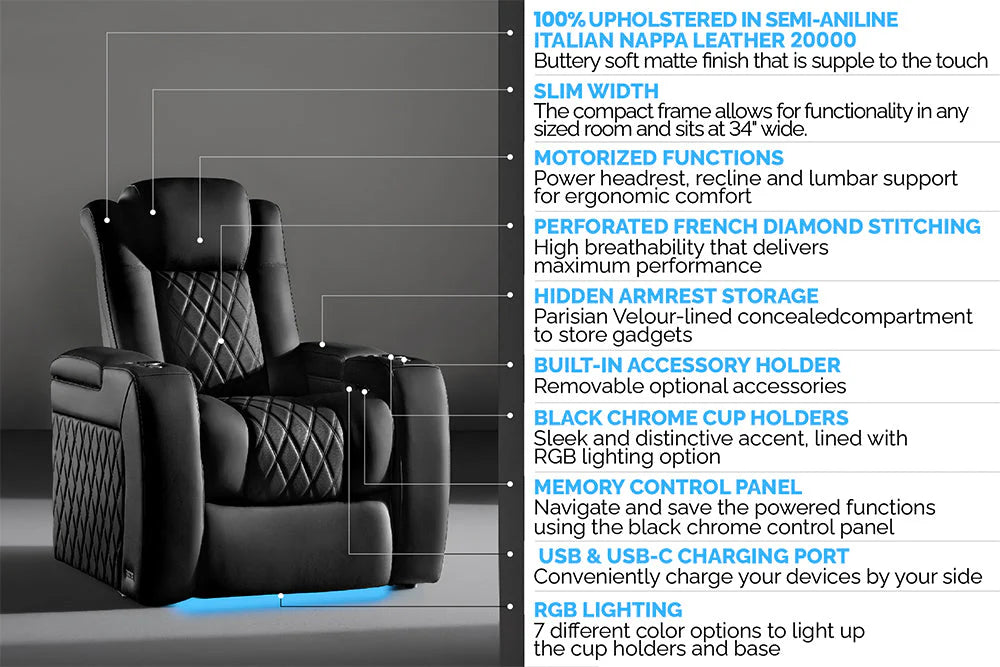 Valencia 2025 New Tuscany Slim Luxury Leather Home Theater Seating - 2-Seater Loveseat in Onyx Black | Perfect for Home Cinema, Media Rooms & Luxury Living Spaces