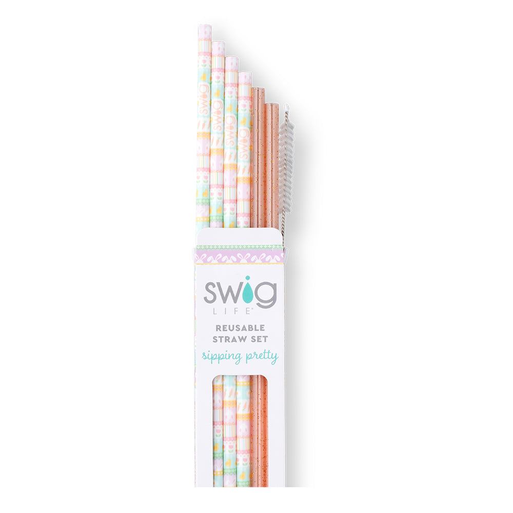 Eco-Friendly Bunny Trail & Peach Glitter Reusable Straw Set - 4 Pack BPA-Free Metal Drinking Straws with Cleaning Brush for Smoothies, Cocktails, Iced Coffee & Home Parties