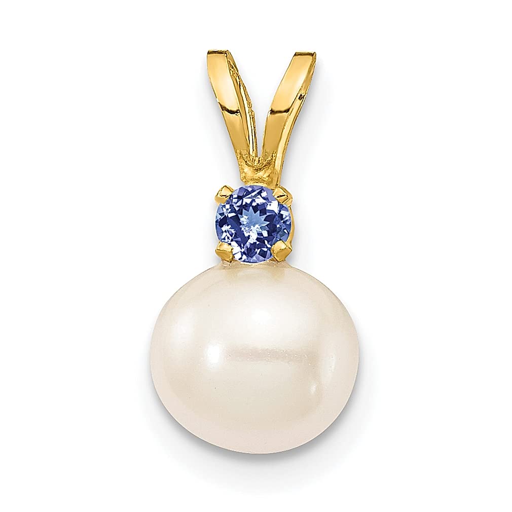 14K Yellow Gold 7-7.5mm White Round Freshwater Cultured Pearl & Blue Tanzanite Pendant Necklace - December Birthstone Jewelry for Women, Perfect Gift for Her - Ideal for Weddings, Anniversaries and Special Occasions