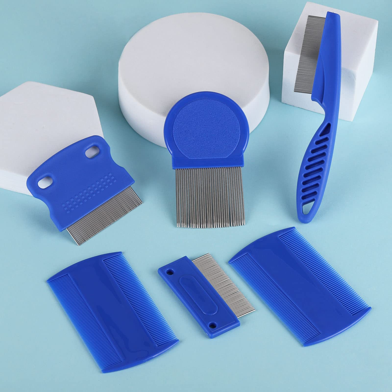 LoveBB 6-Pack Stainless Steel Flea & Lice Combs for Dogs & Cats - Double-Sided Fine Tooth Pet Grooming Comb for Tear Stain Removal & Dematting - Perfect for Home Pet Care & Professional Grooming (Blue)