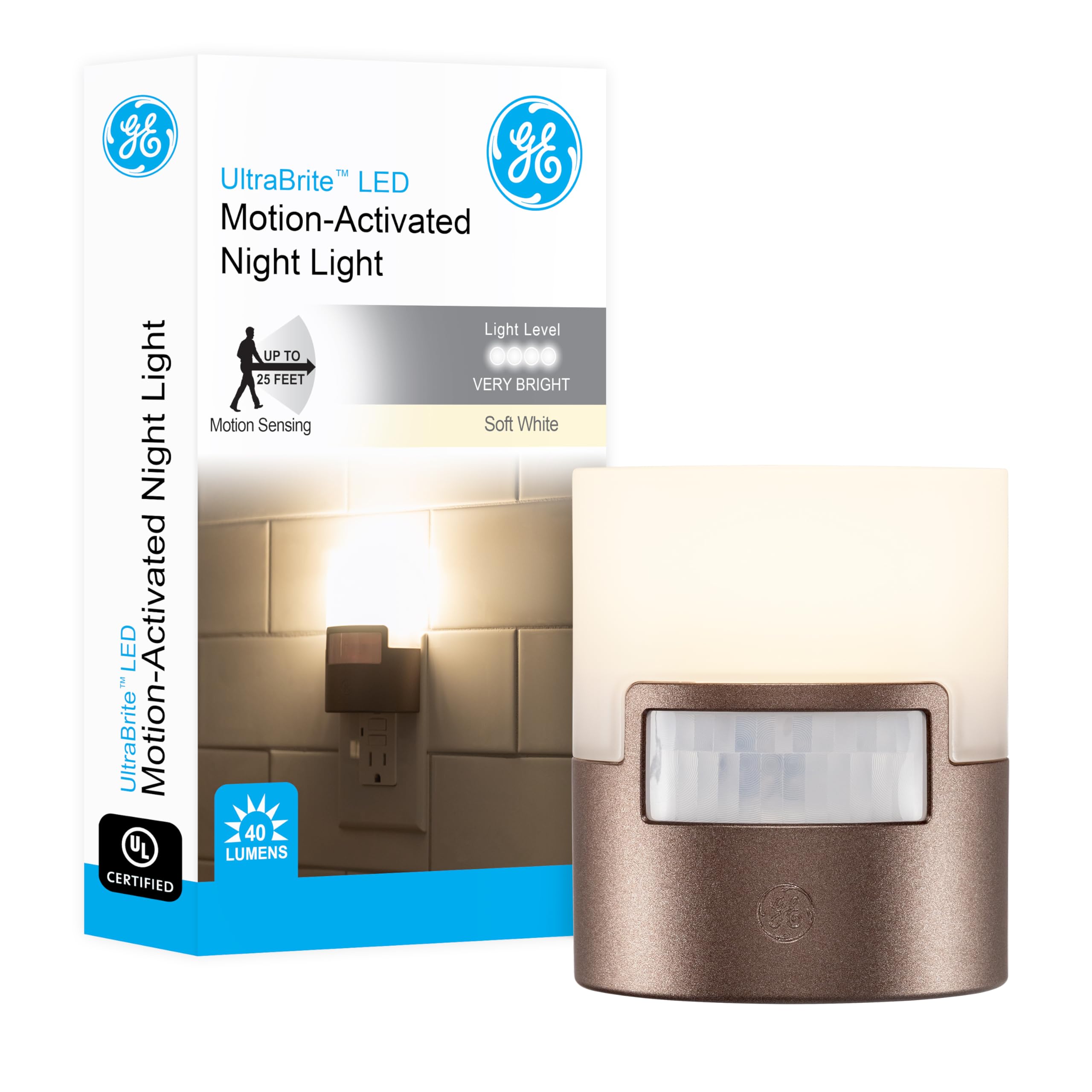 GE LED Motion Sensor Night Light - 40 Lumens Soft White Plug-in Wall Light, UL Certified & Energy Efficient - Perfect for Bedroom, Bathroom, Kitchen, Hallway (Bronze, 1 Pack) | Night Light for Kids, Adults, Seniors & Home Safety