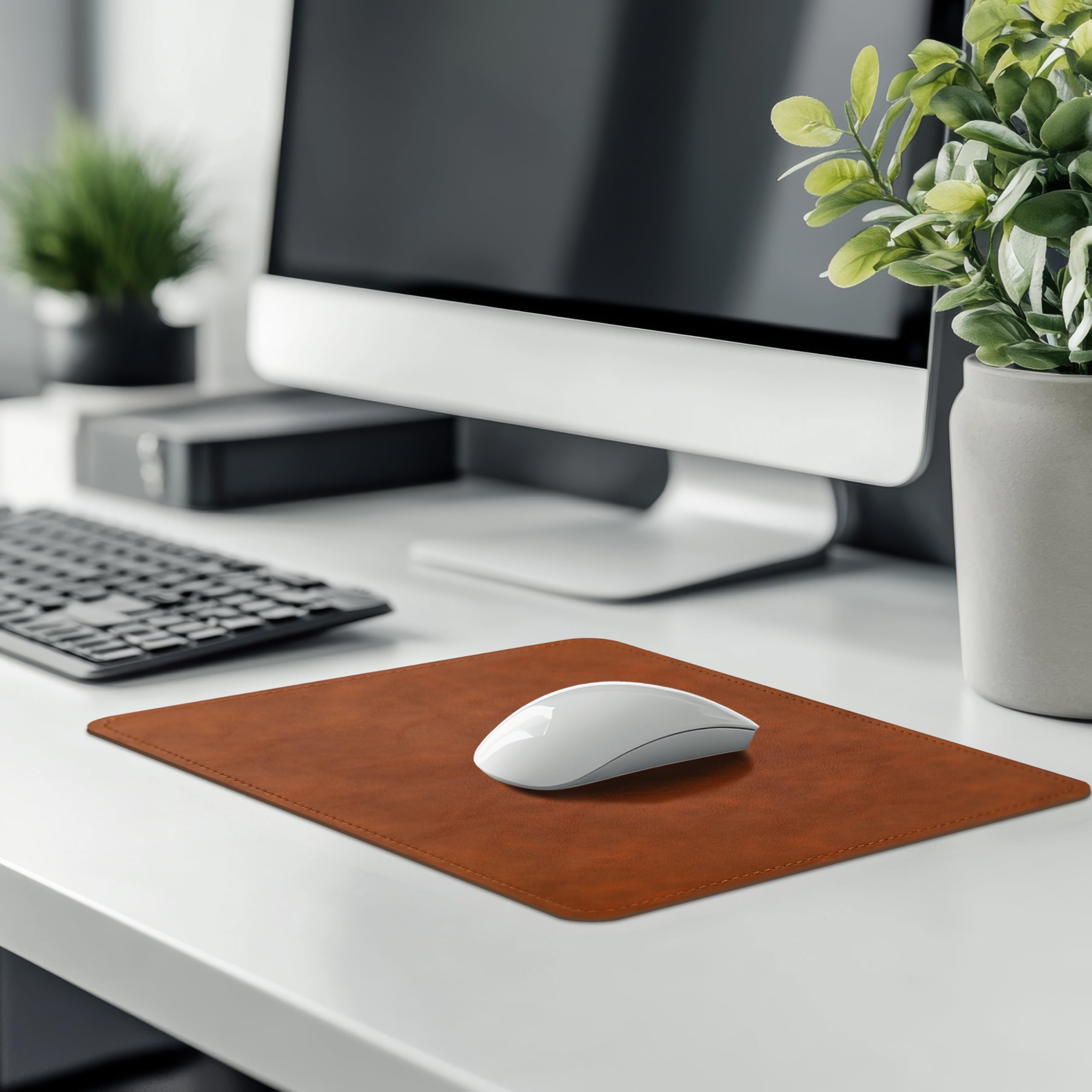 Premium PU Leather Mouse Pad with Stitched Edge & Non-Slip Microfiber Base - Waterproof Desk Mat for Computer, Laptop, Gaming (8x11 Inch, Caramel Brown) - Perfect for Office, Home & Workspace Use