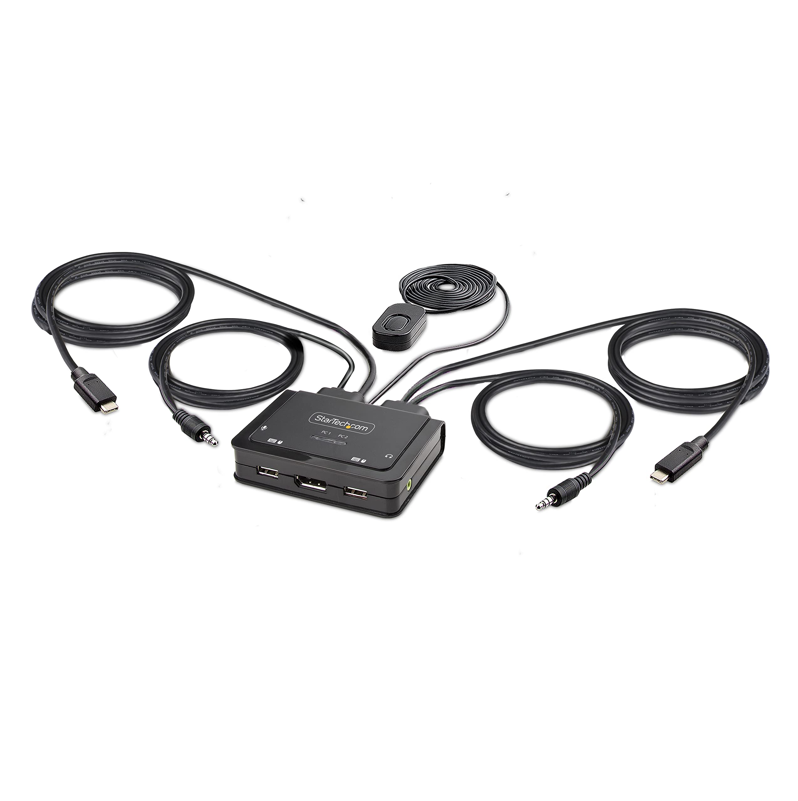 StarTech.com 2-Port USB-C KVM Switch with 4K 60Hz DisplayPort | Compact USB-C/Audio KVM Switch for Dual Computers | 4ft/1.2m Integrated Cables | Bus Powered | Remote & Hotkey Switching (C2-D46-UC2-CBL-KVM) | Perfect for Home Office & Gaming Setup