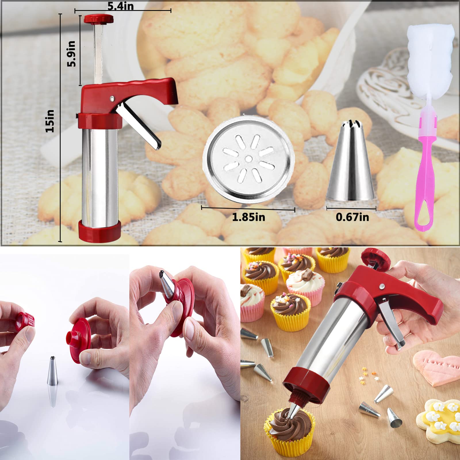 Stainless Steel Cookie Press Gun - 13 Decorative Stencil Discs & 8 Icing Tips for Baking Spritz Cookies | Deluxe Cookie Maker (8.7 Inch) - Perfect for Holiday Baking, Party Treats & Homemade Desserts