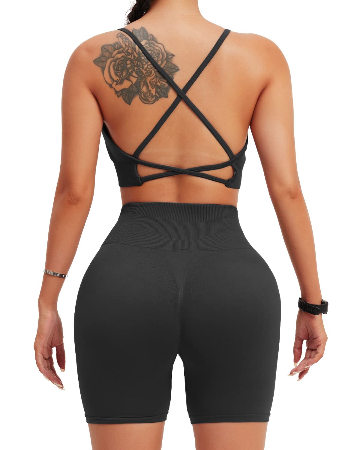TZLDN Women's 2-Piece Seamless Gym Set - Strappy Sports Bra & High Waist Yoga Shorts for Workout, Running, Fitness | Breathable Activewear for Yoga, Pilates, Gym