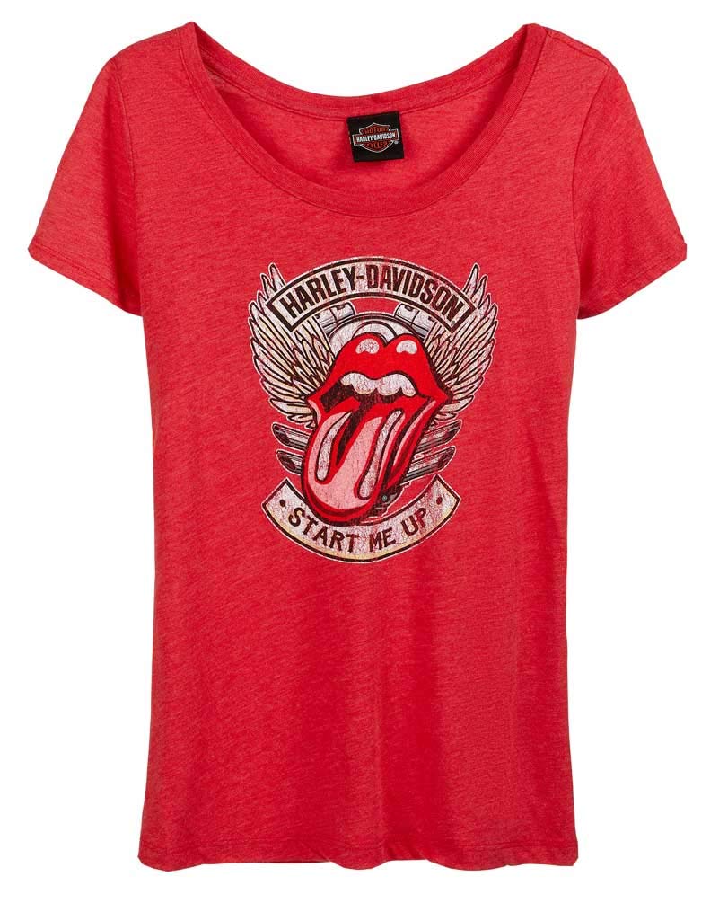 Harley-Davidson Women's Rolling Stones Start Me Up Short Sleeve T-Shirt - Red | Vintage Rock Band Graphic Tee for Concerts & Casual Wear