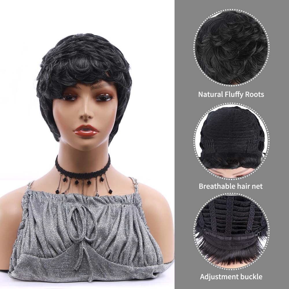 Short Pixie Wigs for Women - Black & Gray Synthetic Curly Hair Wig | Fashionable Full Wig Replacement for Everyday Wear & Cosplay | Perfect for Parties, Halloween & Costume Events
