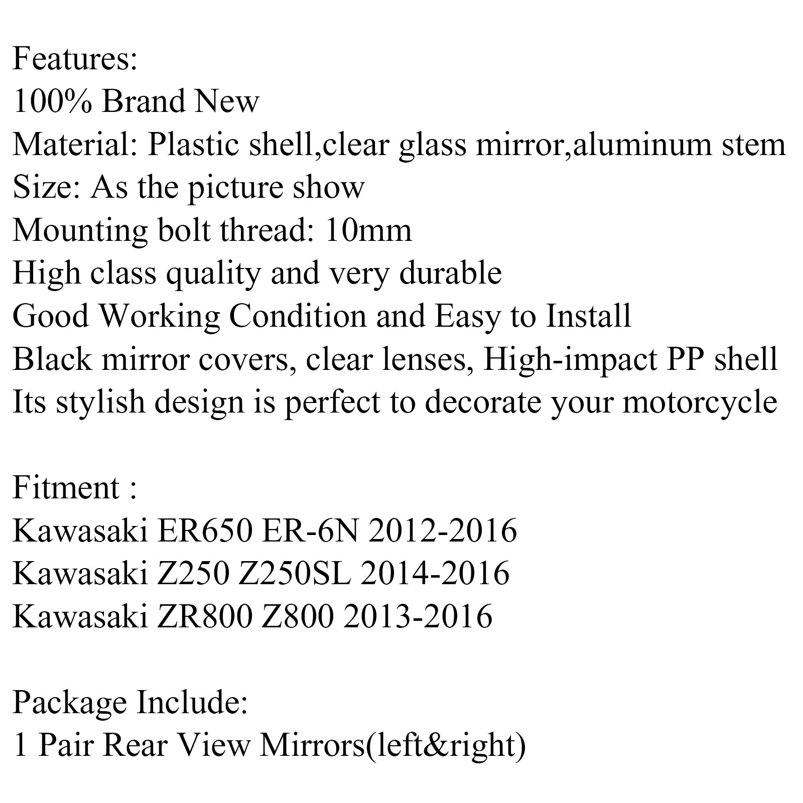 10mm Rearview Mirrors for Kawasaki ER650 ER6N (2012-2016) ZR800 Z800 (2013-2016) Z250SL - Universal Fit Motorcycle Side Mirrors - Perfect for City Commuting & Highway Riding
