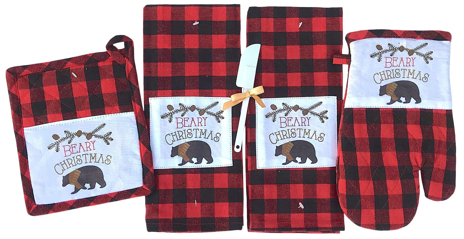 Winter Bear Christmas Kitchen Towel and Pot Holder Set - Red Black Check Plaid with Beary Christmas Patch | Holiday Kitchen Decor & Gift for Home Cooks