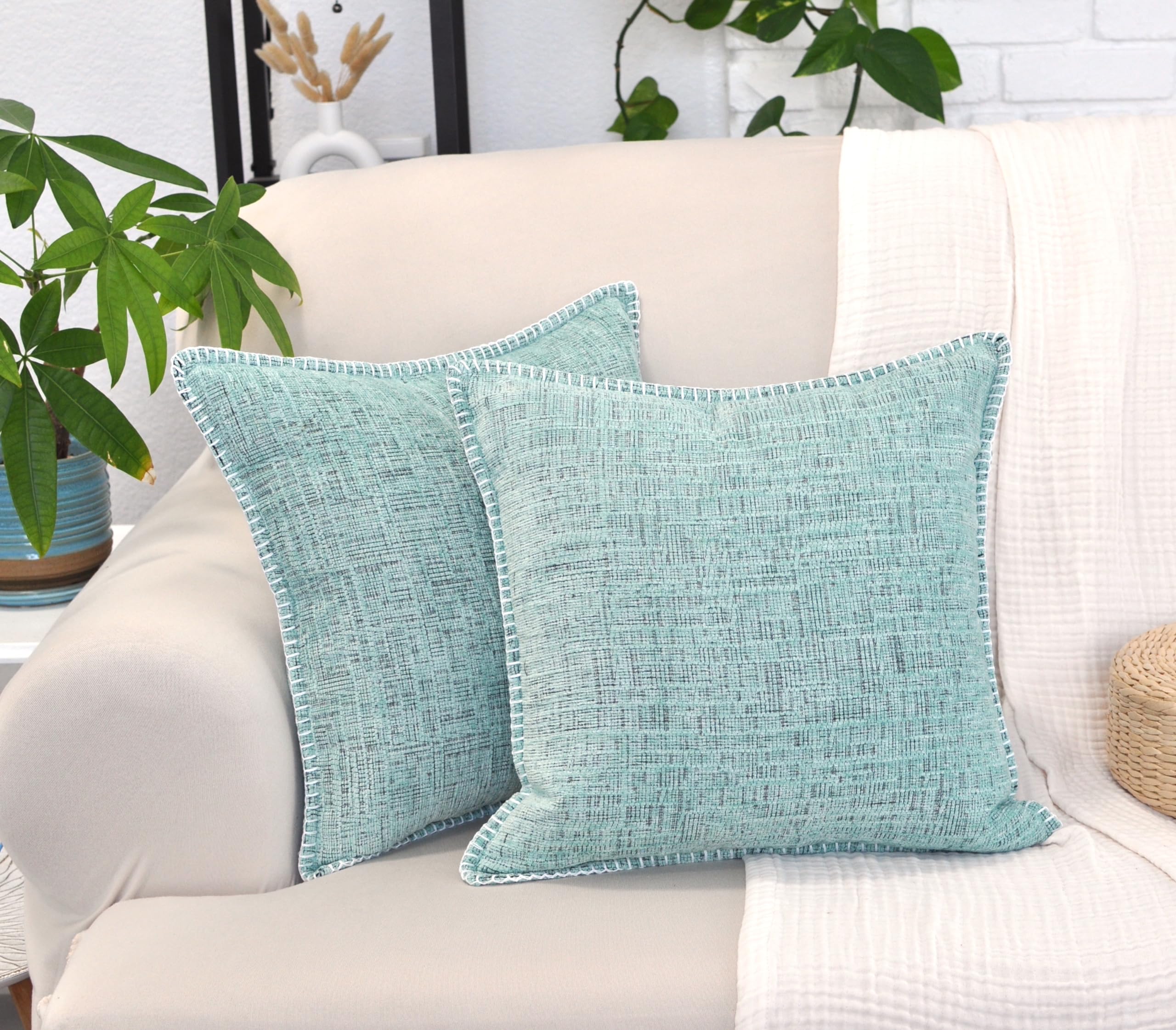 18x18 Inch Mint Green Chenille Pillow Covers Set of 2 - Soft Textured Decorative Square Cushion Covers for Sofa, Couch & Living Room Decor | Cozy Home Accessories for Modern Farmhouse, Apartment & Bedroom Styling